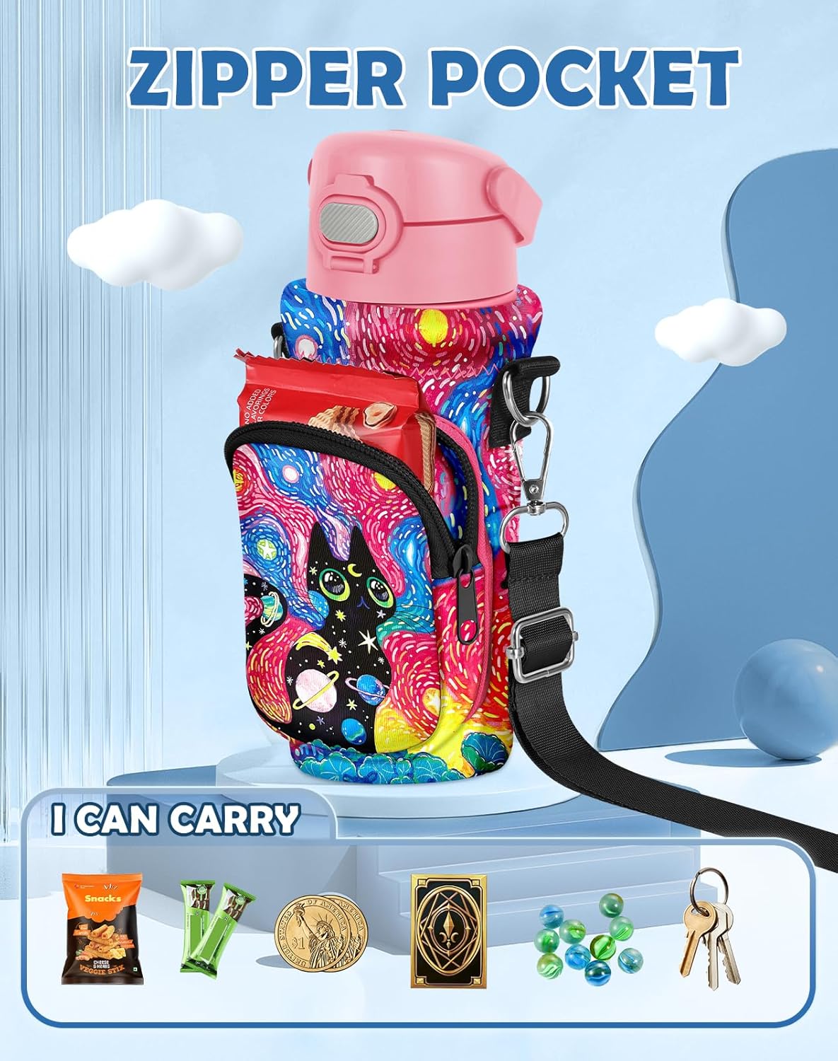 Water Bottle Carrier with Strap - Insulated Neoprene Water Bottle Holder Bag with Pocket for 14-20 oz - Image 4