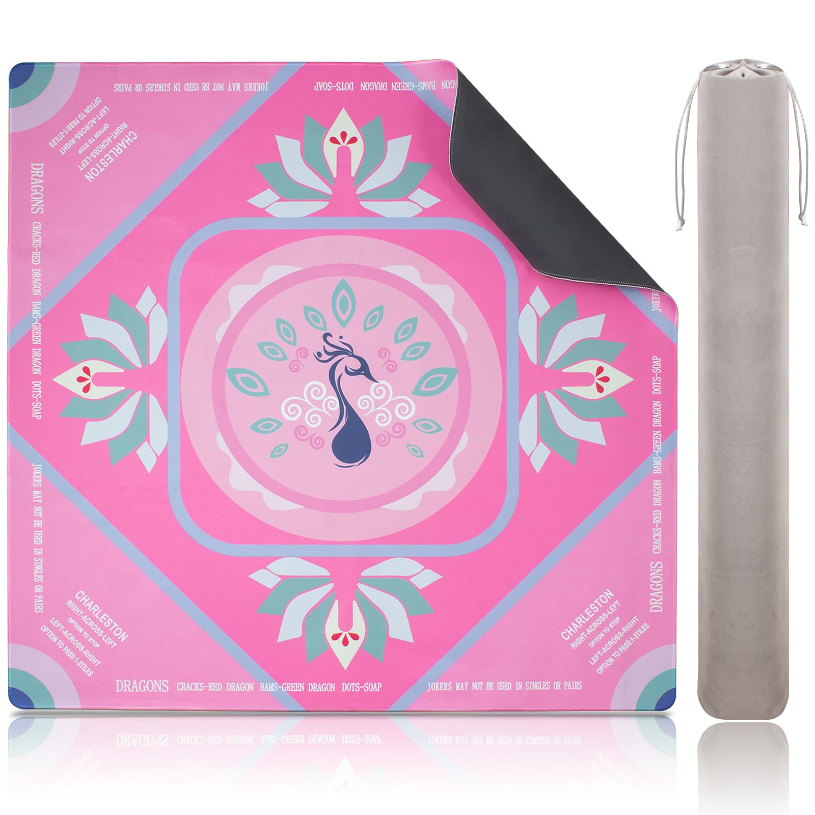 Roocn 2026 Mahjong Mat for Table 31.5''x31.5'',Rubber Non-Slip Mahjong Cloth Cover with 1 Drawstring Pouch, Noise Reducting, Waterproof, Pink Peacock Design for Mahjong,Poker,Board Games,Card