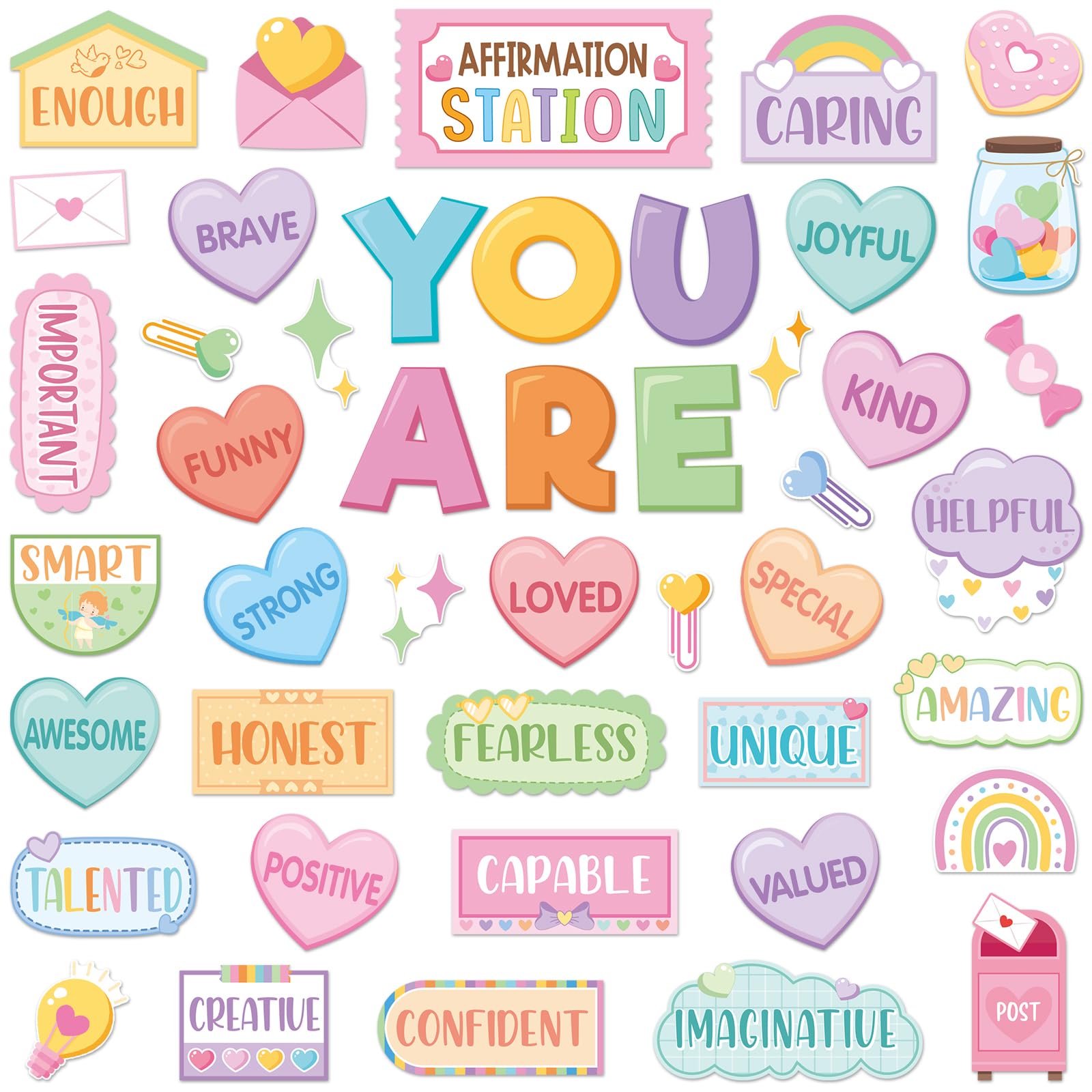Weekgrat 45pcs Candy Affirmation Station Bulletin Board Set Motivational Posters Classroom Mirror Growth Mindset Decor Positive Affirmations Accents Cutouts for School Office Home Teacher Wall