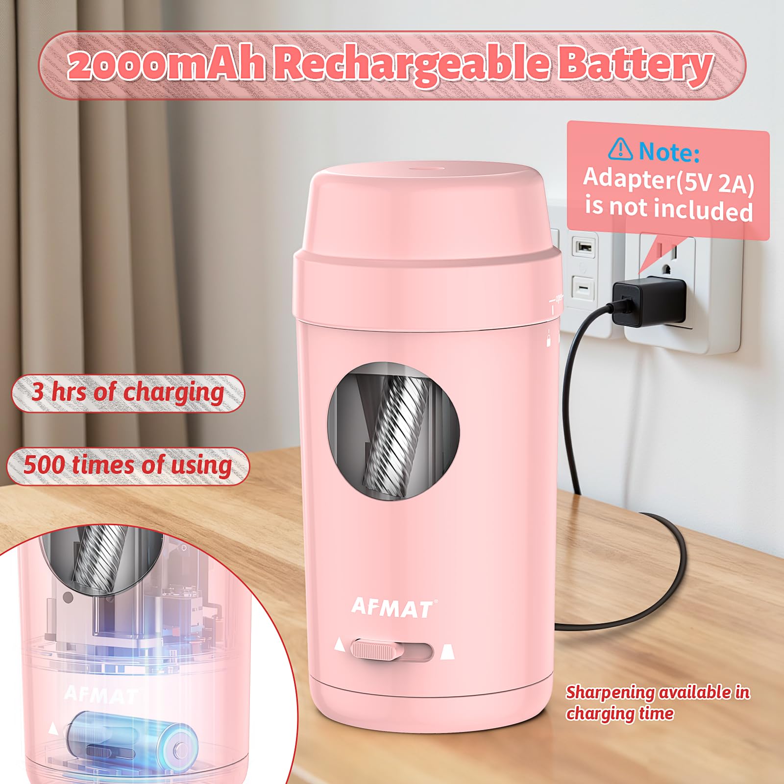 AFMAT Temperamatite elettrico completamente automatico, temperamatite ricaricabile con contenitore per penne sottili e spesse 7-8 mm, auto in & fuori, temperamatite elettrico per casa, ufficio, scuola