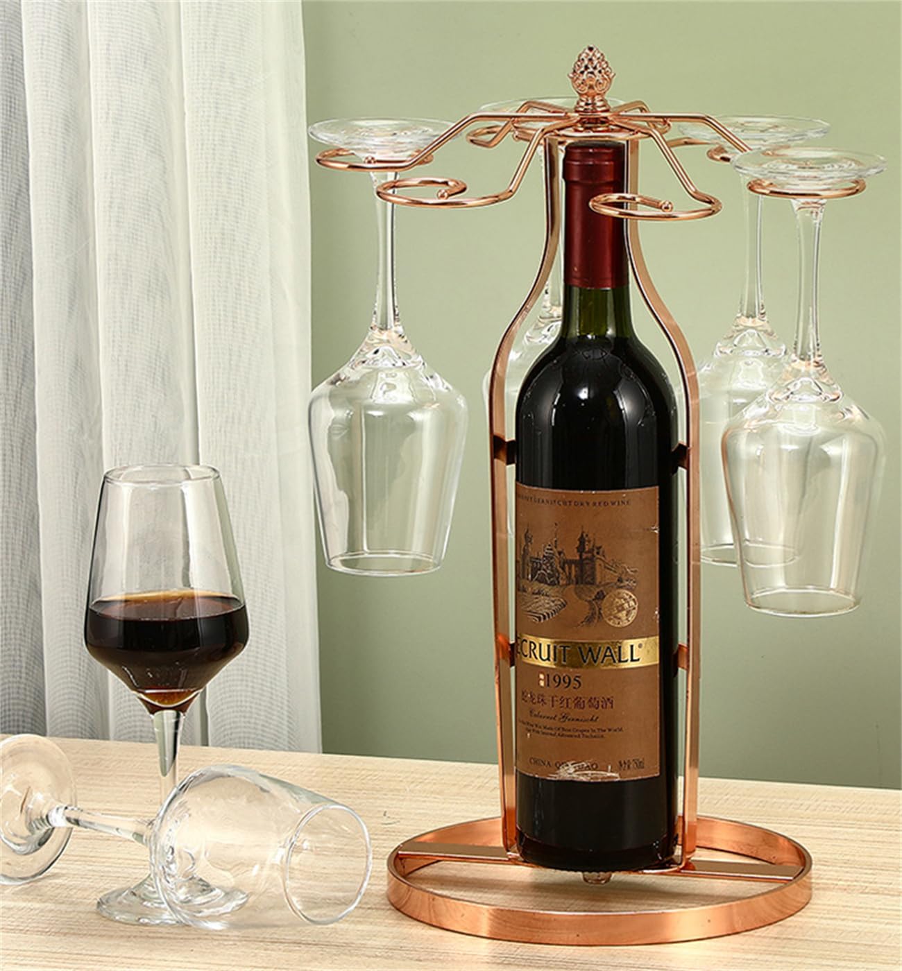 Artículos creativos para muebles de botella, soporte para botellas de vino de hierro forjado, soporte colgante de vidrio de copa de estilo europeo (oro rosa)