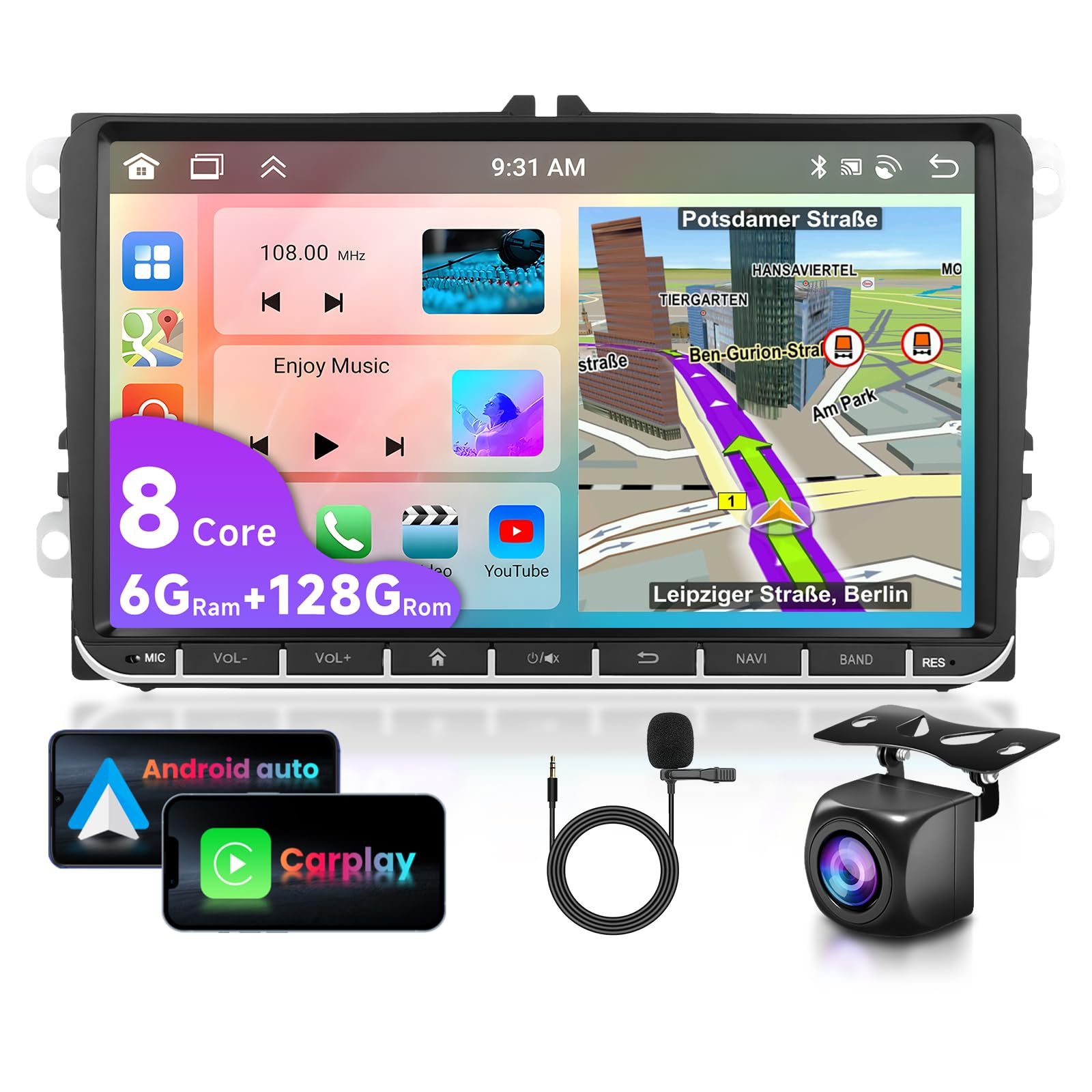 6G&128G VECHTEL 9" Radio de Coche para VW Golf 5 6 Polo Passat Skoda Touran Tiguan Seat con Carplay Android Auto,Android 15,8 núcleos,1280*720,Bluetooth,DSP radio RDS/FM,GPS Wi-Fi,cámara de visión AHD