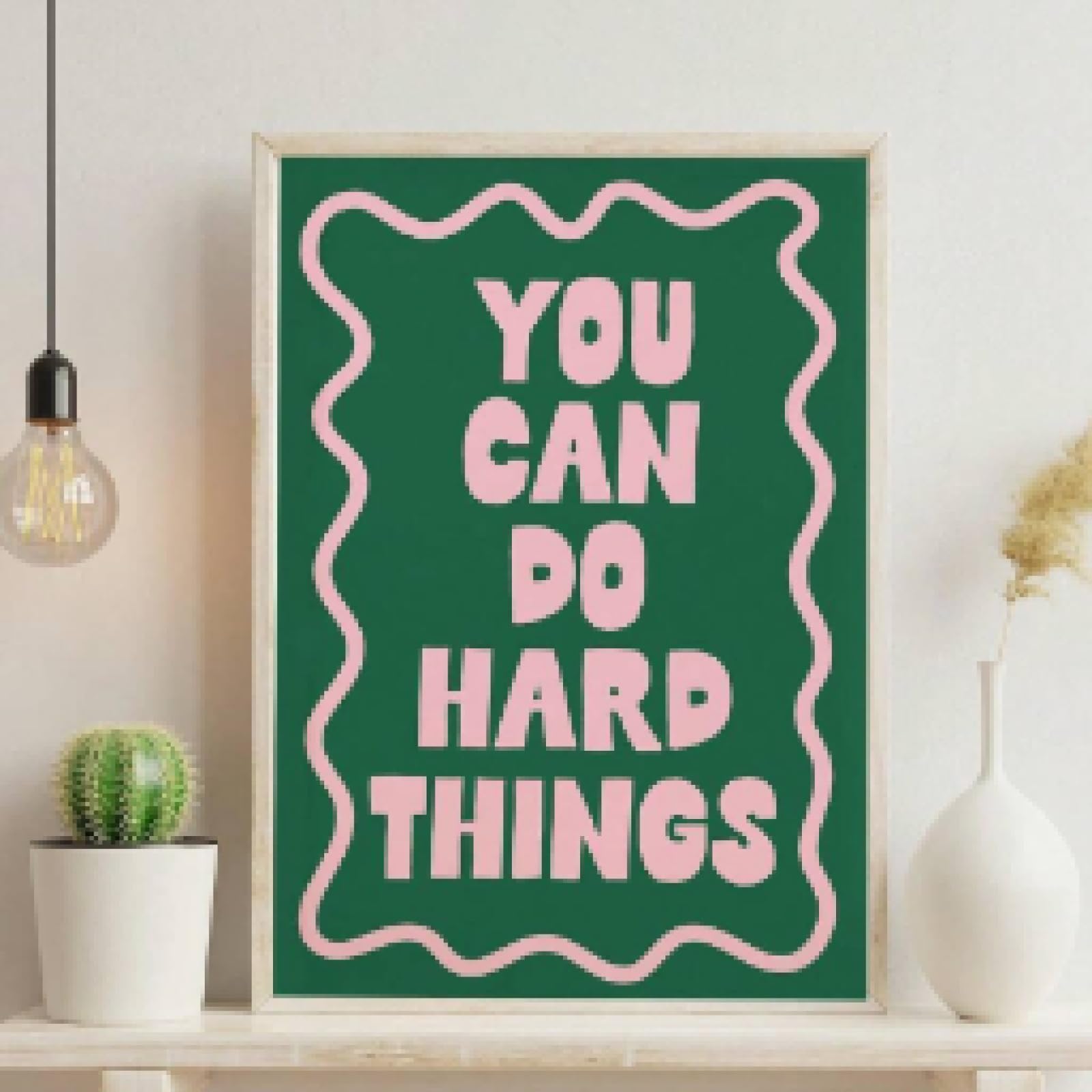 XINBAO Arte murale, stampa su tela You Can Do Hard Things, poster rosa e verde, poster di affermazione con promemoria giornaliero, camera da letto femminile 80x110 cm con cornice