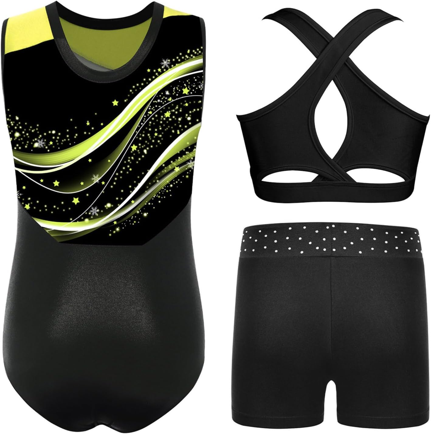 JEYPINMI Girls Ballet Leotard Crop Vest with Shorts Set Yoga Workout 3 Piece Sports Tracksuit Tumbling Dance Outfits Fluorescent Yellow 14 Years