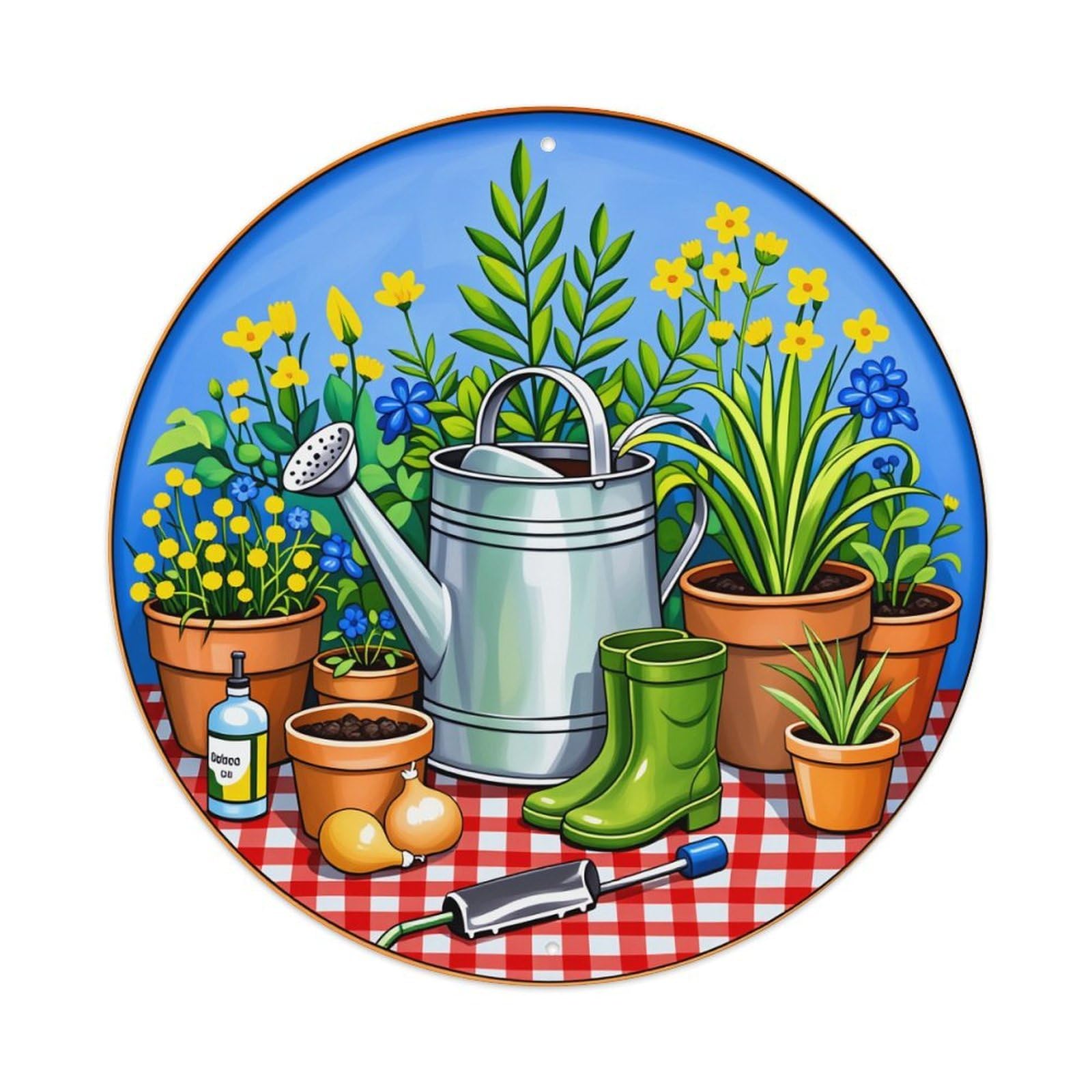 Garden Tools And Plants Pattern Round Tin Sign Vintage Style Metal Sign Home Bar Garden Wall Plaque Decor Metal Poster 8x8 Inch