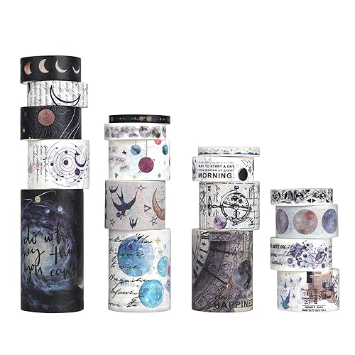Juego de 18 rollos de cinta washi Cinta adhesiva decorativa con temática de planetas, patrones de colores, cintas adhesivas vintage para