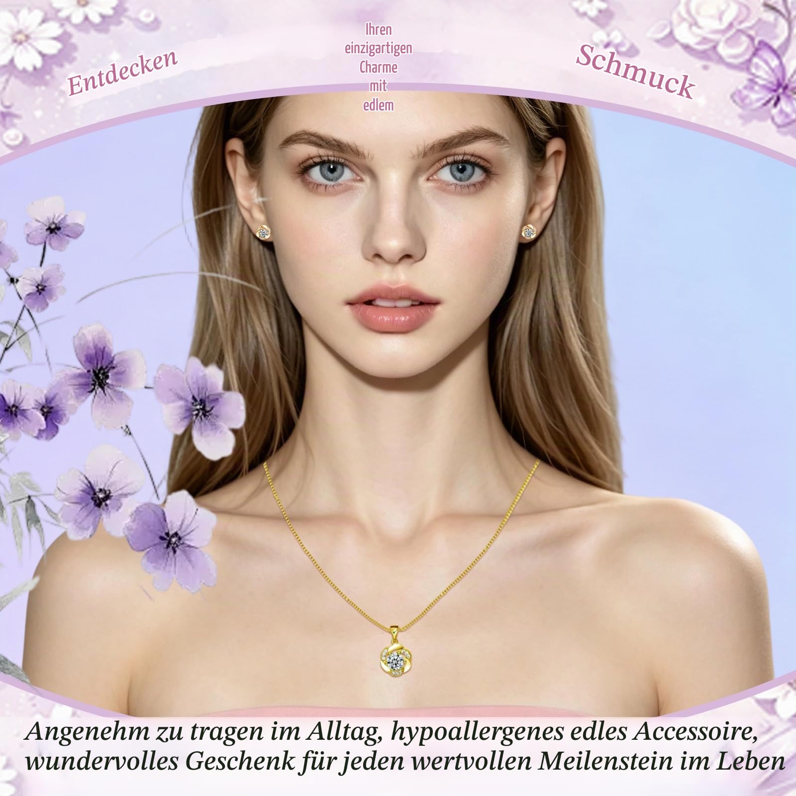 Schmuckset Silber 925, Silber Schmuck Set Damen zum Geburtstag | Blumen Halskette & Ohrstecker mit Weiß Zirkonia, Halskette mit Blumen Anhänger & Ohrstecker in Geschenkbox, Hypoallergen