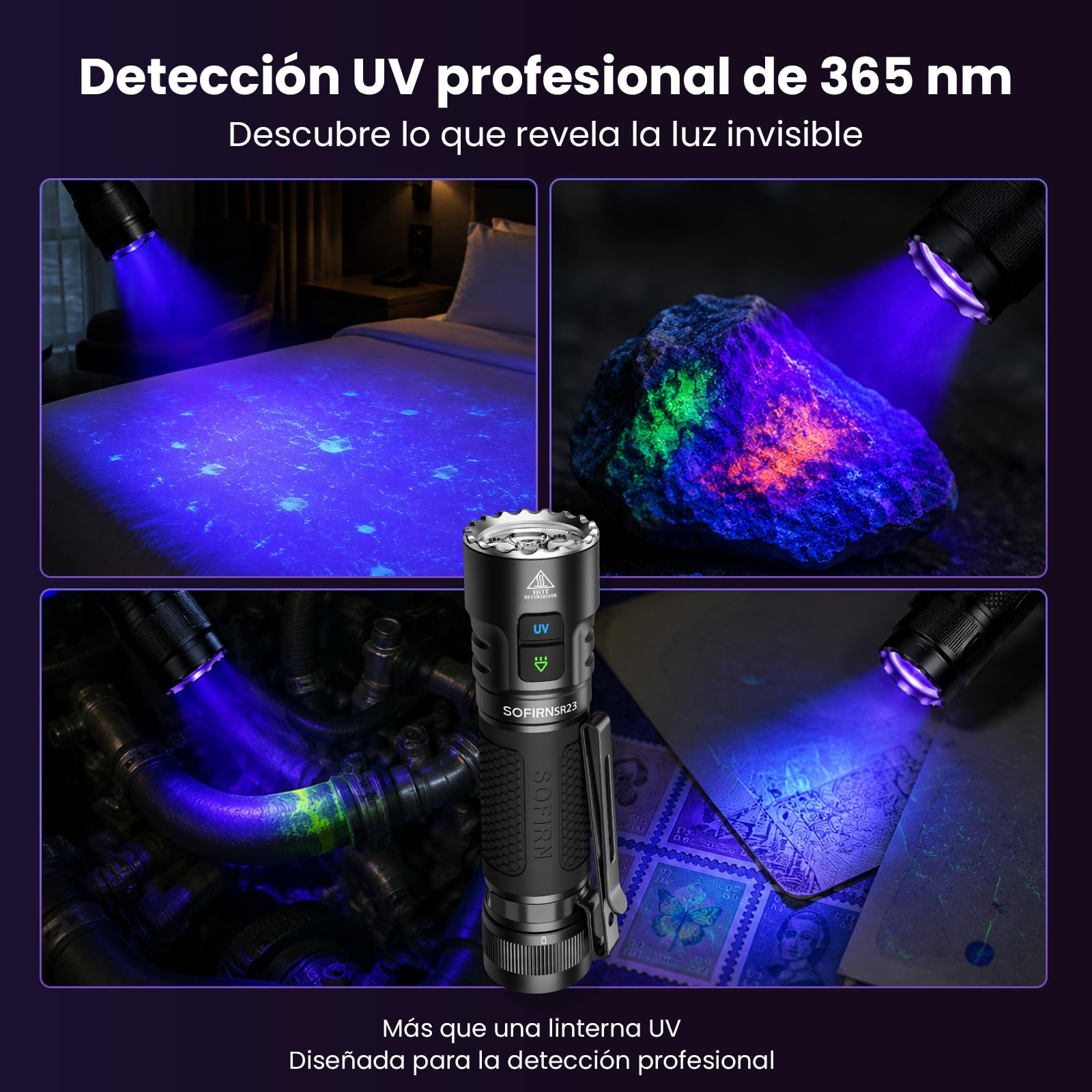 CSTEBOKE SOFIRN SR23 Linterna UV 365nm, Linterna LED Recargable 3300LM, Linterna Potente con Luz Negra, USB-C, IPX8, Imán y Clip, para Camping, Fluorescencia, Manchas de Mascotas y Uso Exterior