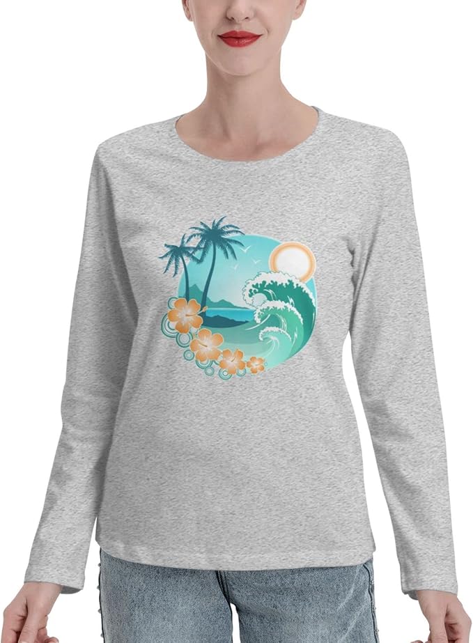 Amazon Co Jp ハワイアンシービーチのヤシの木 Tシャツ レディース 長袖 純綿 ラウンドネック アンダーシャツ 柔らかい 通気 カットソー ファッション 春 秋 女性 贈り物 ファッション