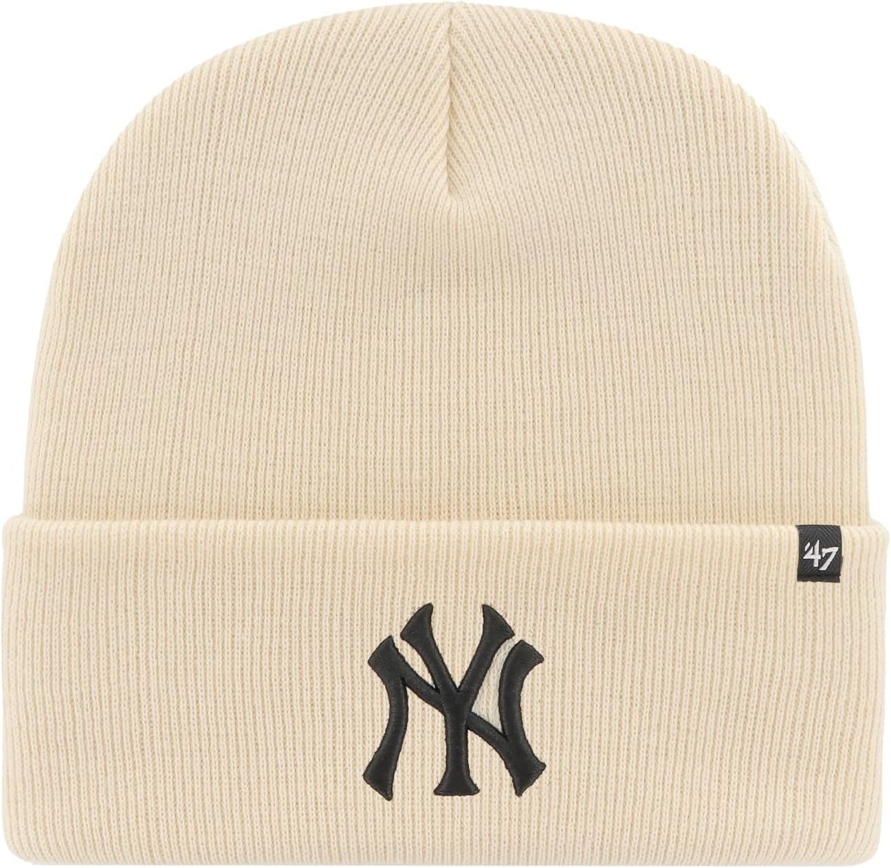 47 New York Yankees Mens Womens Cuffed Knit Winter Hat, Stretch Fit, Cream/Natural White, Black Logo, One Size