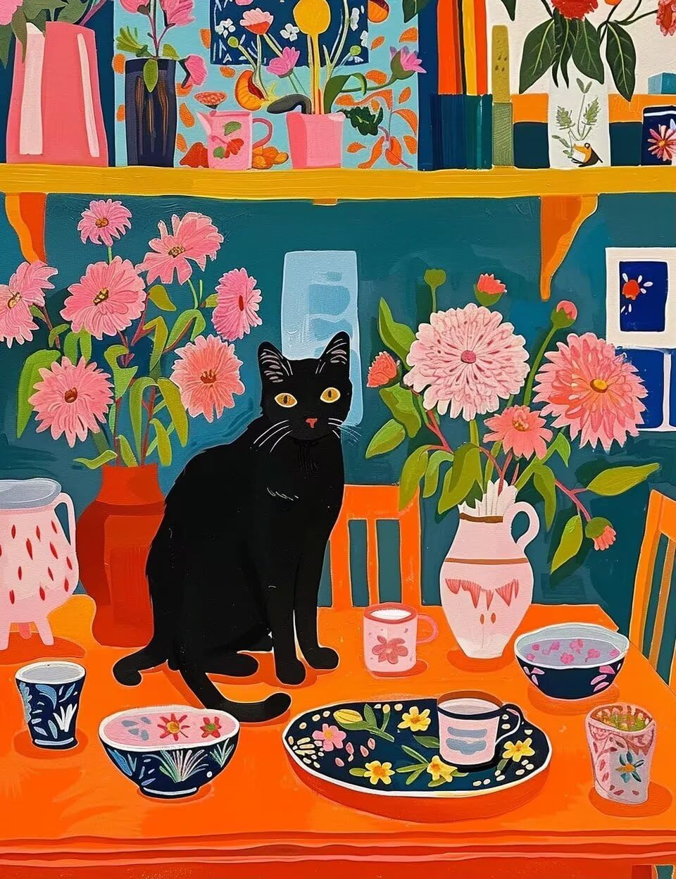 TURGF Cartoon Cat 5D Diamond Painting Kit for Adults, Flower Diamond Art Kit for Beginners, DIY Animal Cat Full Round Drill Diamond Painting, Home Wall Decor and Holiday Gift 20x20 inches.