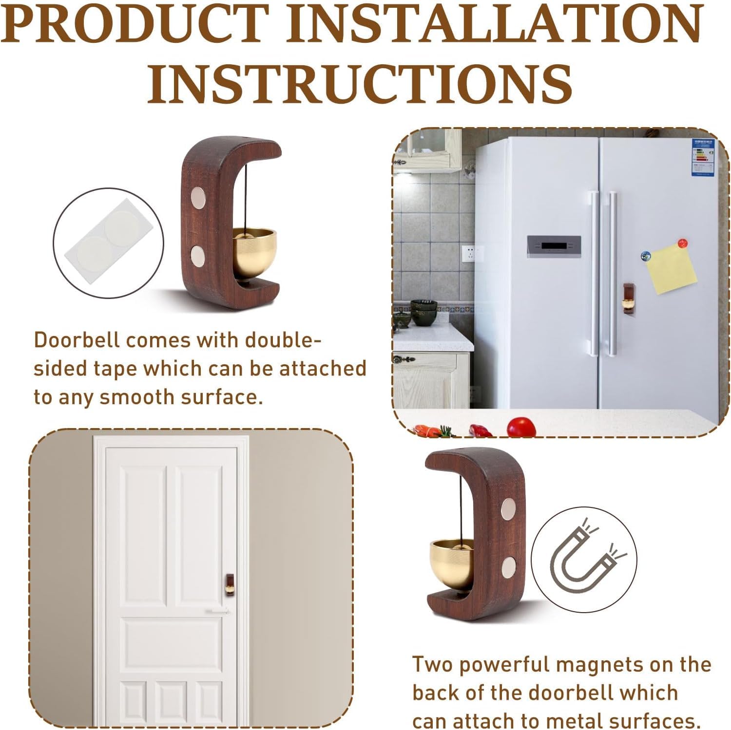 Wooden Door Bell Chime for Door Opening, Brass Shopkeeper Entry Bell, Door Chime for Home, Office, Shop, Cafe, Refrigerator | No Drill Adhesive Mount, Soft Sound Wind Chime Decor (1) — Amazon image 7