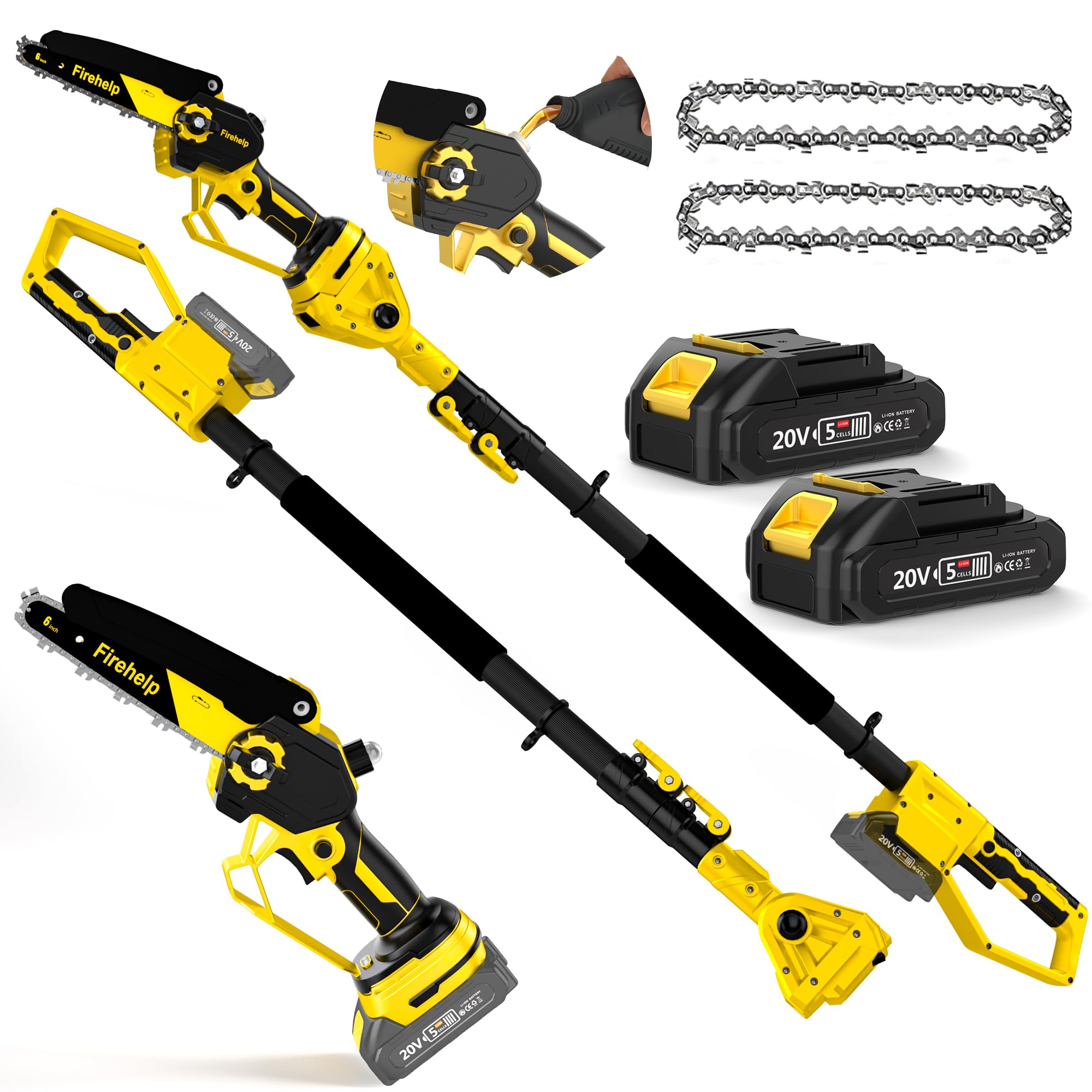 Photo 1 of 2-in-1 Electric Pole Saws for Tree Trimming, 6 Inch Mini Chainsaw Cordless with Extension Pole, Battery Powered Pole Chain Saw, Tree Trimmer Limb Branch Cutter Pruner with 2 Battery