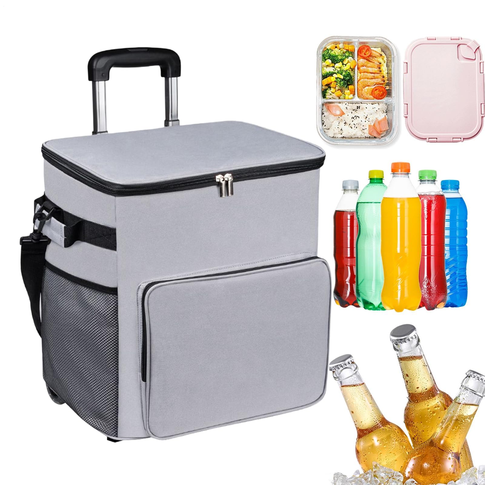 Borsa frigo con ruote, isolata da 35 l, a prova di perdite, con manico telescopico, perfetta per esterni, spiaggia, campeggio, patio, picnic, viaggi, 90 x 33 x 28 cm, blu navy, nero, grigio