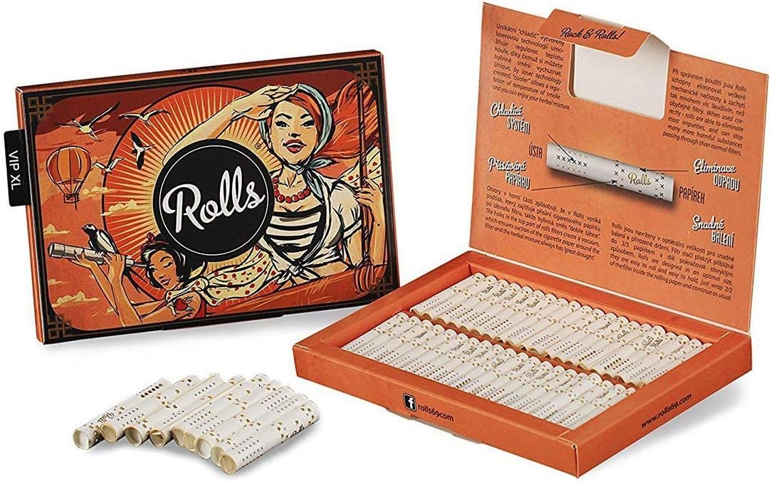 Rolls Smart Filter Tips | Pre Rolled Roach Booklets (5mm Slim) for Rolling Papers | King Size VIP XL Box (Orange / Air) | Rolls69 Smoking Accessories