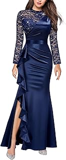 Women's Vintage Lace Contrast Satin Design Ruched Ruffle Formal Evening Maxi Dress