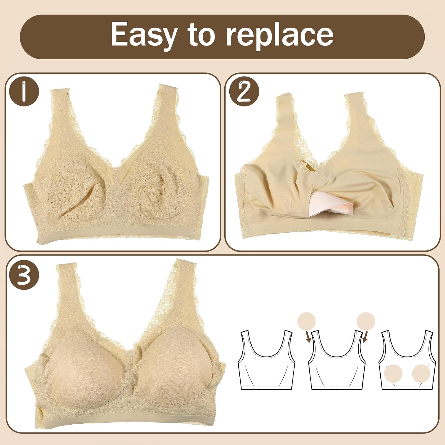 Bra Pads Inserts, 3 Pairs Triangle Push Up Breast Pads | Removable Sports Bra Inserts for Women Sewn Bras Cups Comfortable Breast Enhancers for Dress Swimsuit Bikini, Nude