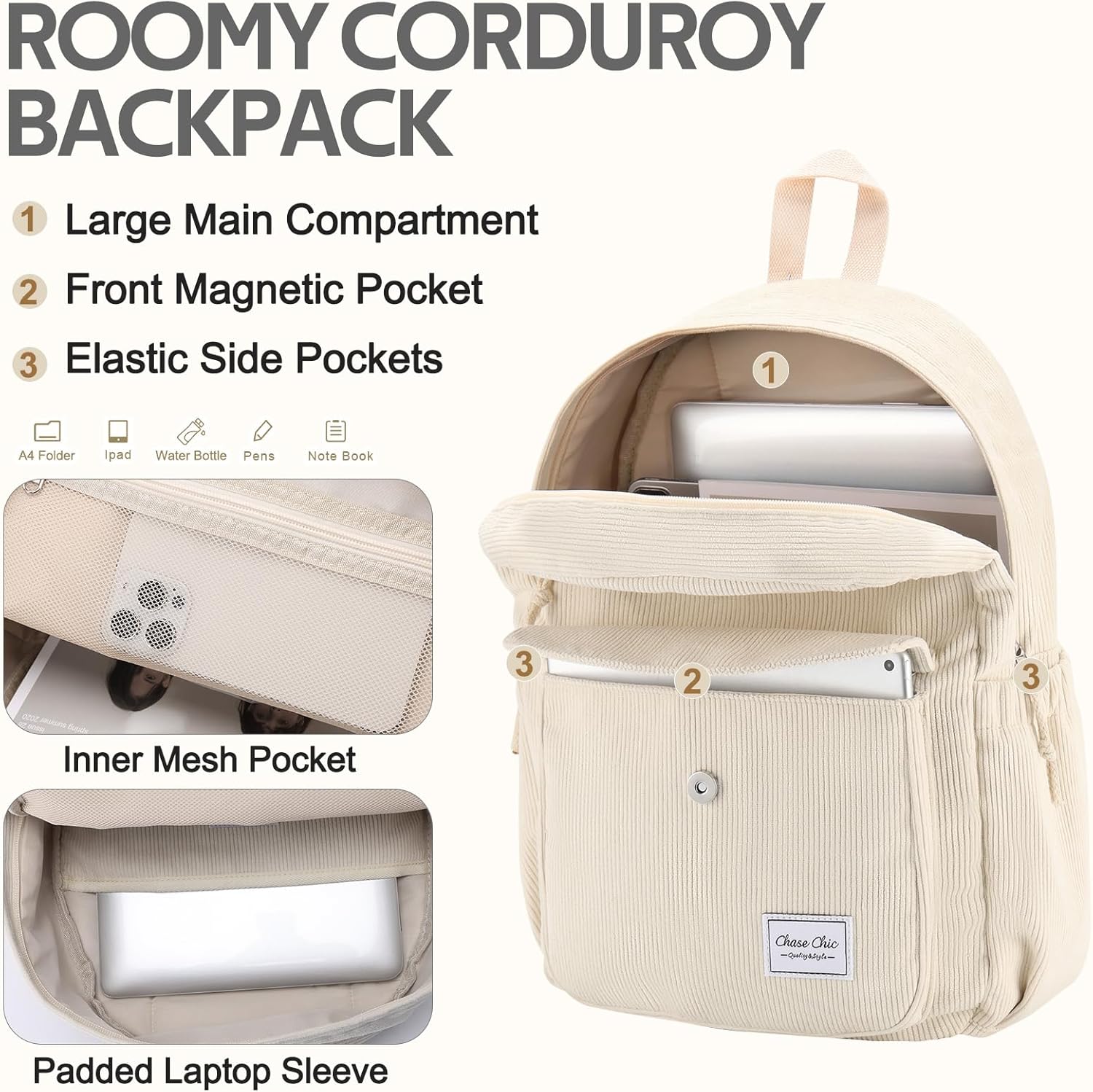 Chase Chic Corduroy Women Backpack, Cute Aesthetic Plush Bookbag Casual Rucksack Daypack for School Teen Girls Beige - Image 3