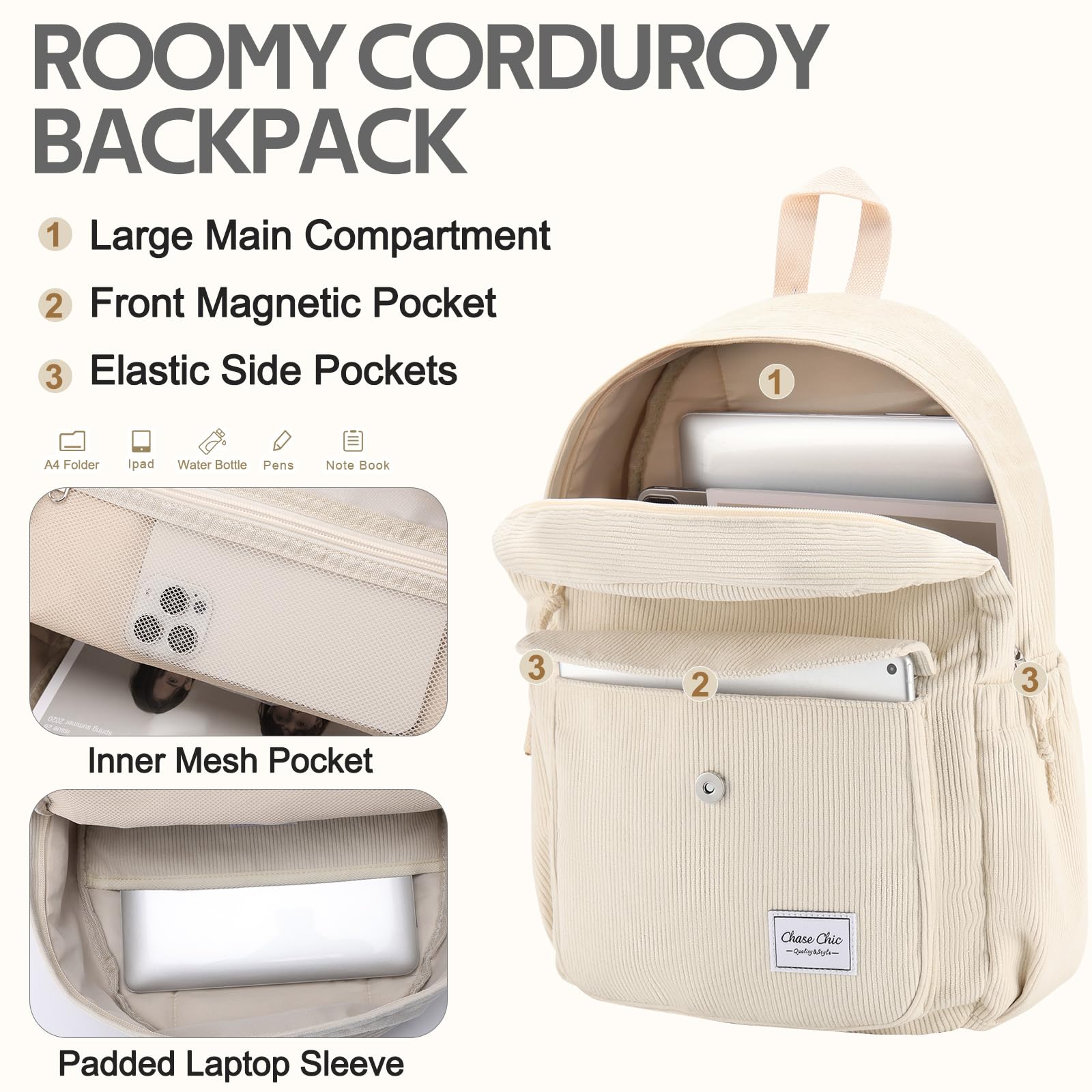 Chase Chic Sac a Dos Fille,Loisir Sacs Ecole Cartable Filles,16,7 L Sacs Scolaire Daypacks School Bag pour Travail, Voyage,école,College,Beige