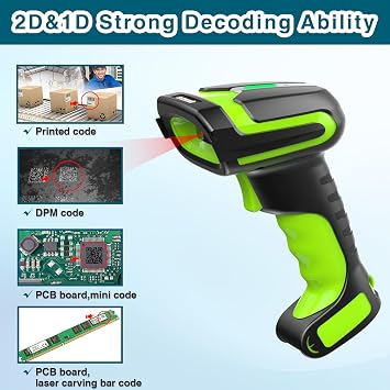 Wireless Charging Barcode Scanner, 1D/2D/DPM Symbologies, Global Shutter Scan Sensor, Long-Distance 433MHz Wireless & Bluetooth, Industrial Shock and Dust-Proof Barcode Reader, Green