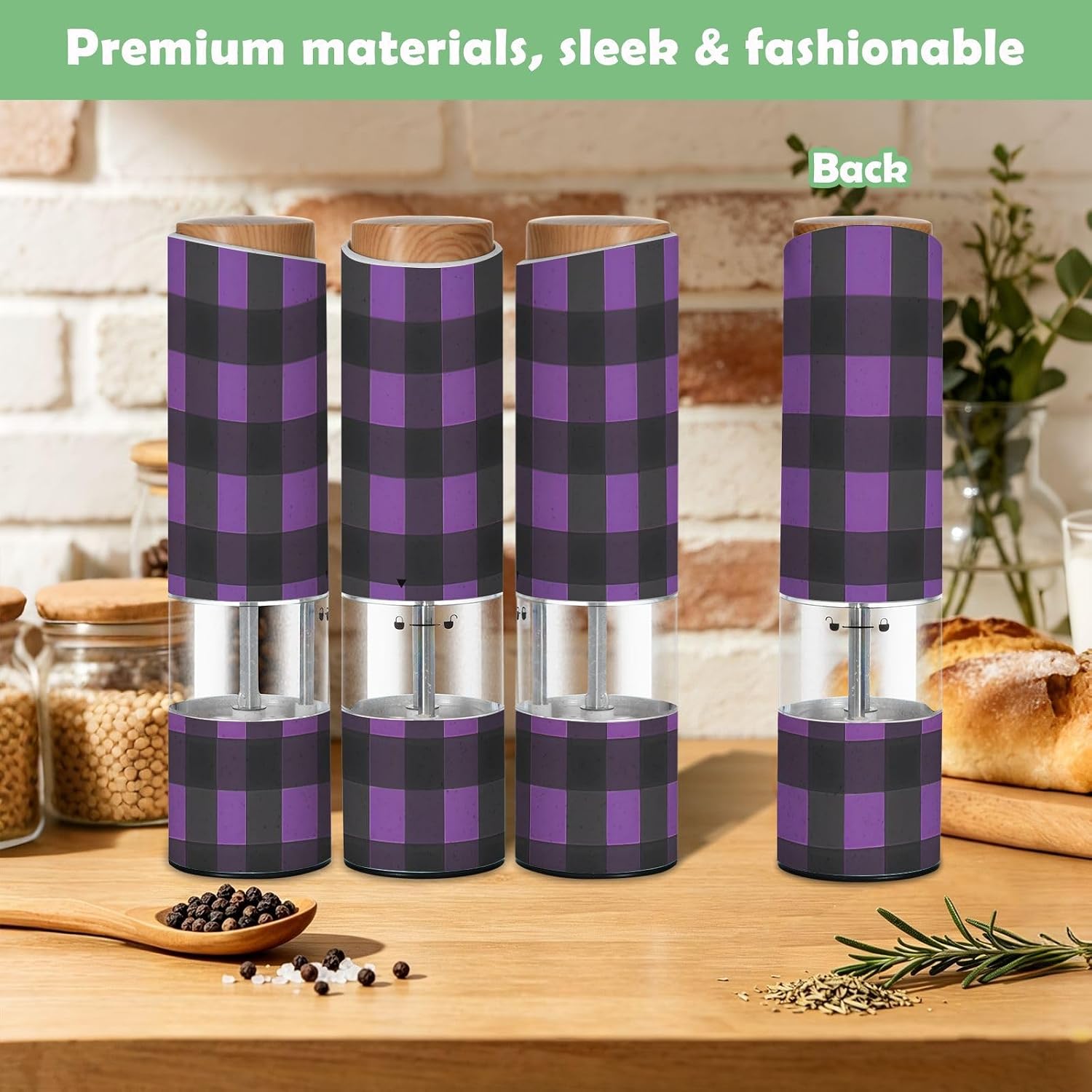 ALAZA Electric Pepper Grinder with Adjustable Coarseness, Purple and Black Checked Battery Automatic Salt and Pepper Mill with Led, One-Handed Operation Spice Grinder for Kitchen, Camping & BBQ