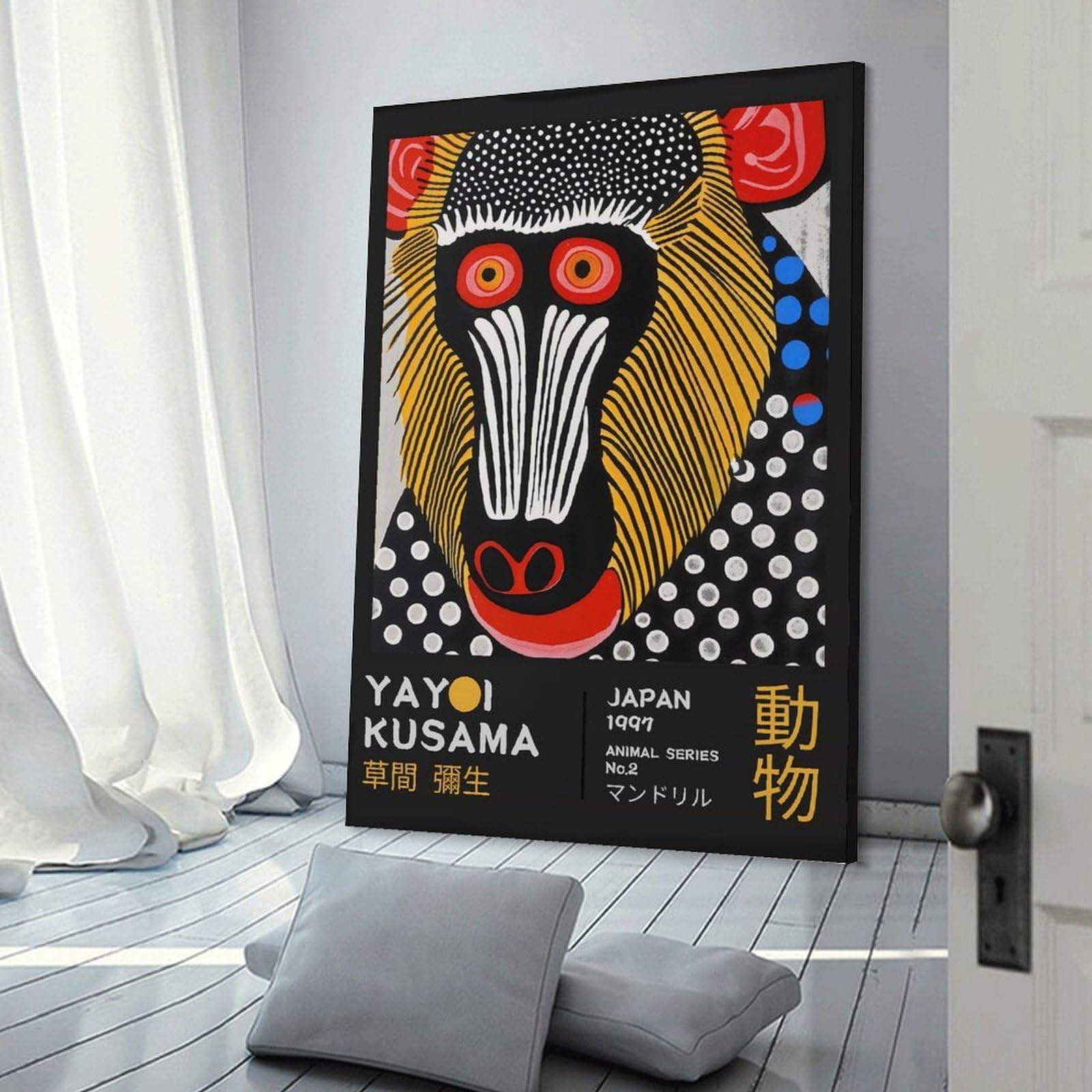 Junmoney Frame-Style-13 Yayoi Kusama No.2 Mandrill Exhibition Poster Hanging Wall Art, 24X36inch(60X90cm), For Entrance Walls, Hall Decor Or Foyers, Wall Decor To Refresh Empty Corners