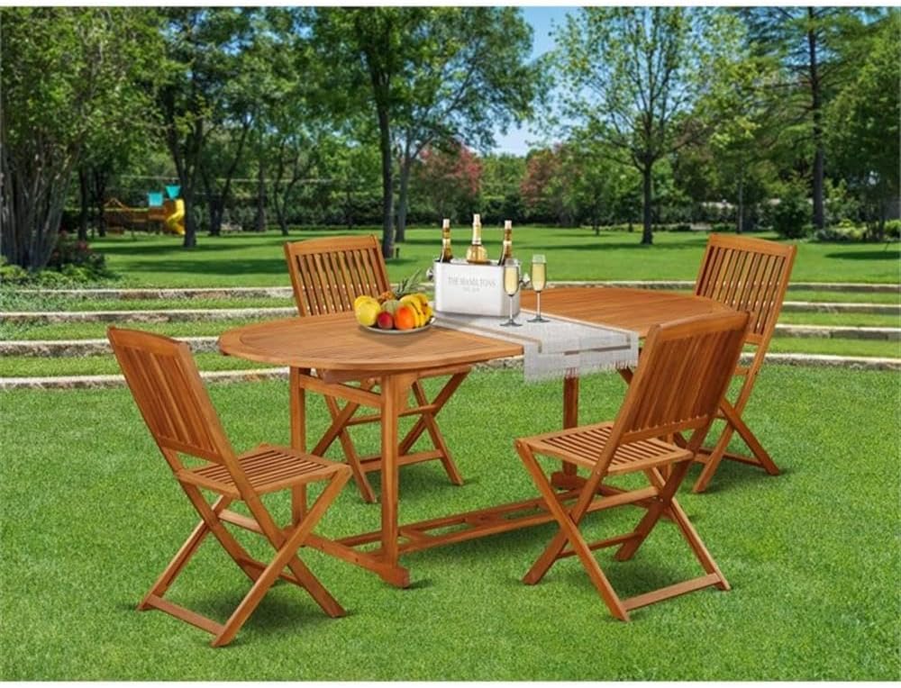 Pemberly Row 5-Piece Wood Patio Dining Furniture Set, Natural Oil Finish, Acacia Hardwood, Includes Table with Self-Storing Leaf and 6 Chairs, Water-Resistant Rustic Style for Patio, Backyard, Porch,