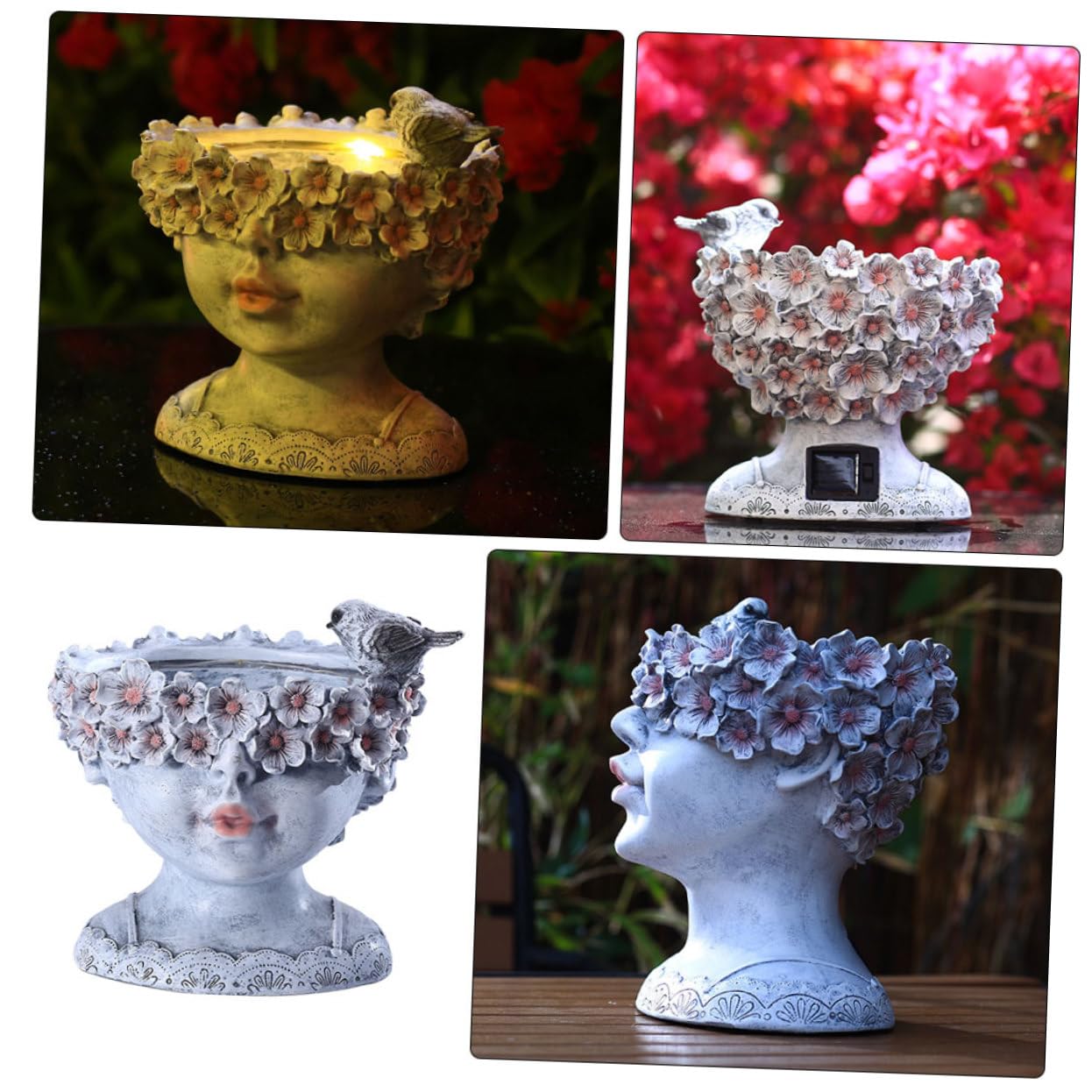 Toyvian Pot de Fleurs Solaire Visage de Jeune Fille pour Jardin et Balcon, Pot en Résine Gris Moyen, Décoration Extérieure Lumineuse et Créative, Ornement Artistique Moderne