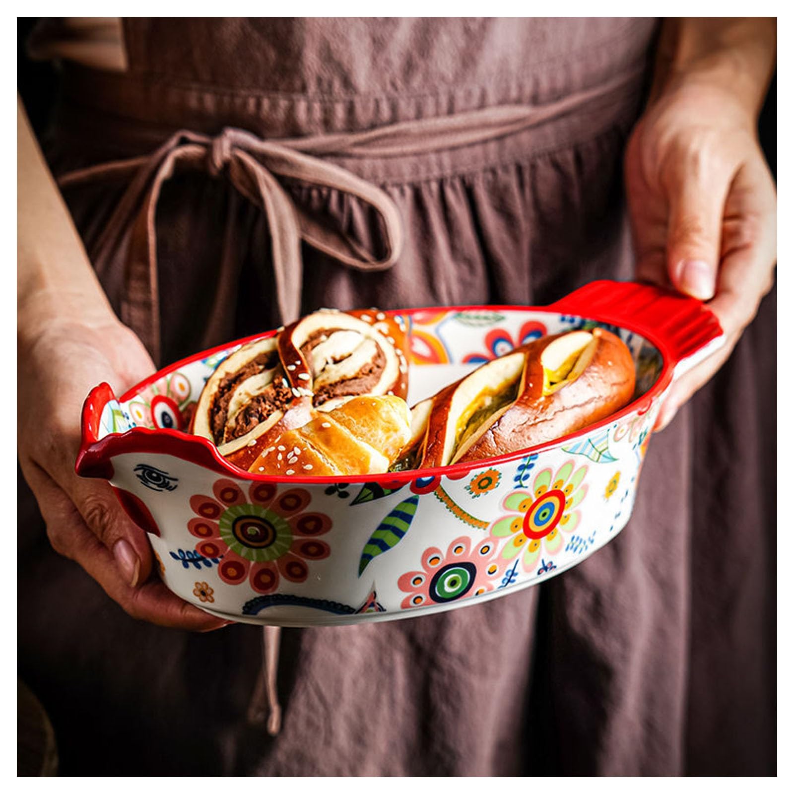 Keramik-Backform, ovaler Doppelgriff, hitzebeständig, Blumendruck, rechteckige Lasagneform für Küche, Ofen, Abendessen und Bankett, 9 Stück