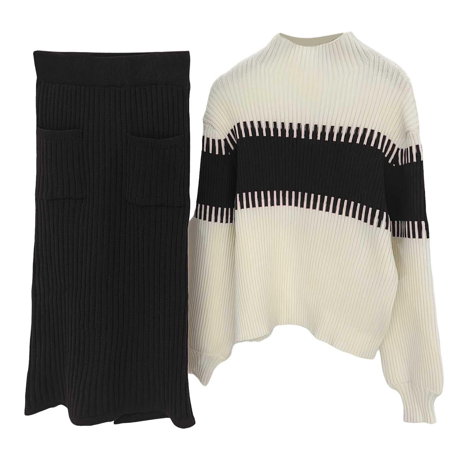 Elegante Maglione Lavorato a Maglia e Gonna per Un Outfit con Abito Pullover e Gonna Lunga, Abbigliamento Casual Sofisticato per Le Donne