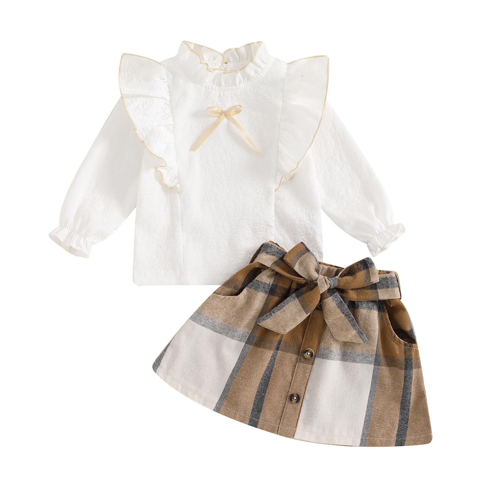 Ursobutegl Toddler Baby Girl Skirt Set Ruffle Long Sleeve T-Shirt Tops Bow Plaid Dresses Infant Fall Winter Outfits Clothes (Brown, 18-24 Months)
