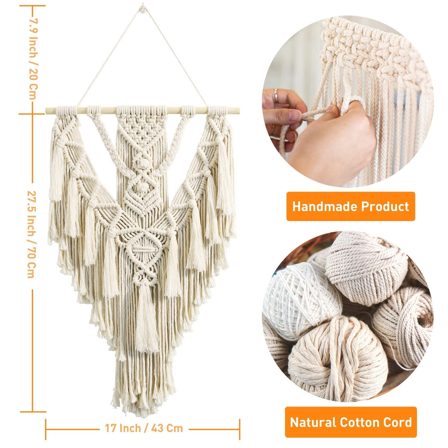 ANROYE Macrame Boho Wall Hanging Decor, Geometric Woven Tapestry Chic Cotton Handmade Bohemian Art with Long Tassel, Large Craft Ornament for Dorm Home Bedroom Apartment Room Decoration