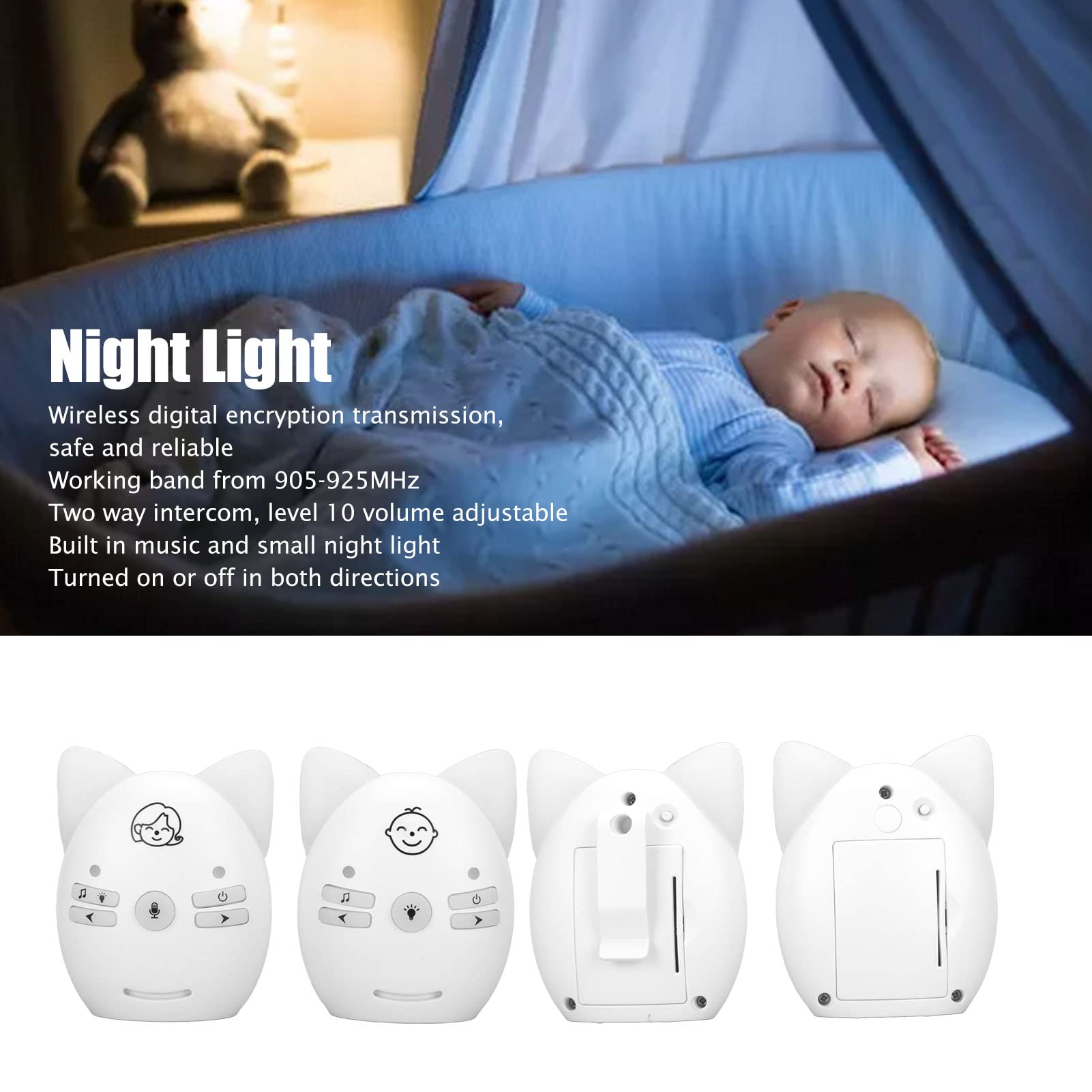 Baby Monitor Aggiornato, Baby Monitor Wireless con Messa a Fuoco Digitale, Luce Notturna SM da 905 a 925 MHz a Lungo Raggio, Suono Cristallino, Spina Europea 100‑240 V (Bianco)