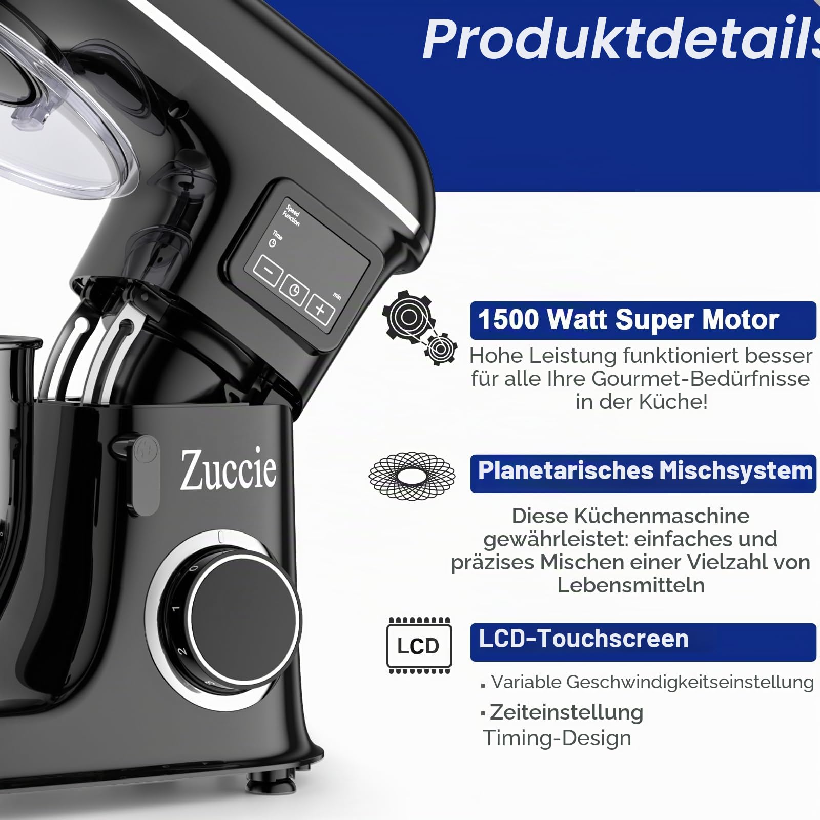 küchenmaschine 1500W 8L Knetmaschine 6 Geschwindigkeit Fermentationsfunktion+LCD knetmaschine mit Rührbesen, Knethaken, Schlagbesen