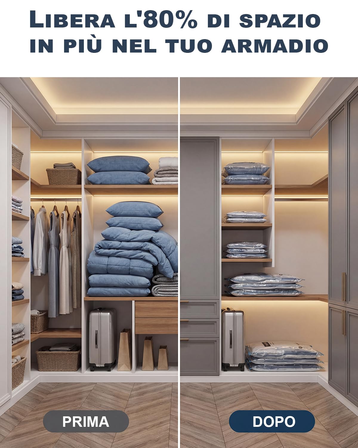 Sacchetti Sottovuoto Vestiti con Pompa Elettrica, 8 Buste Sottovuoto Vestiti (4 * 100x80cm, 4 * 74x54cm), Sacchi Sottovuoto Vestiti per Viaggi, Traslochi e Stoccaggio