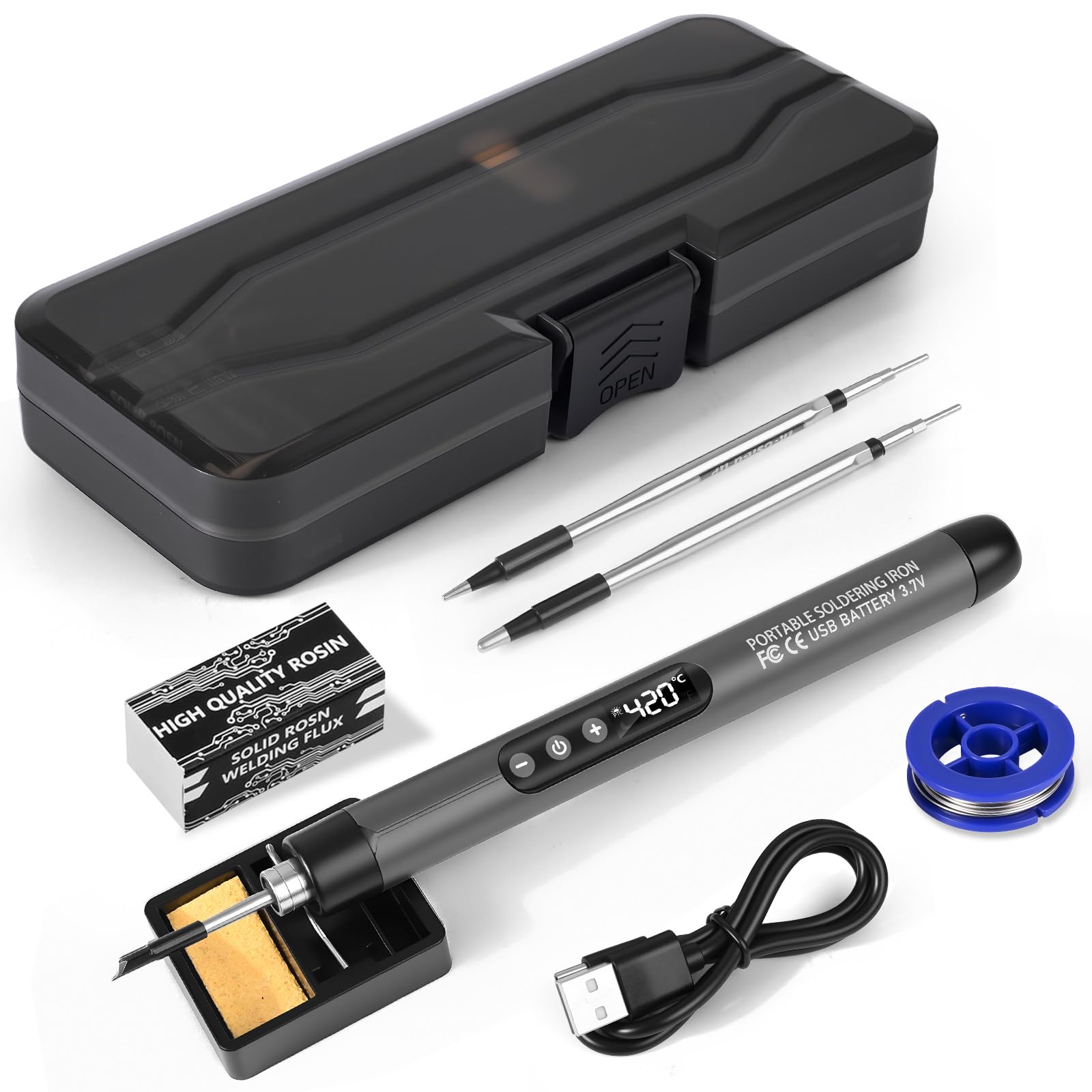 Kit de Soldador Recargable USB con LCD, Soldador Estaño Profesional, Temperatura Ajustable 260℃-420℃, 3 Puntos de Soldadura, Alambre y Pasta de Soldadura, Se Utiliza para La Reparación