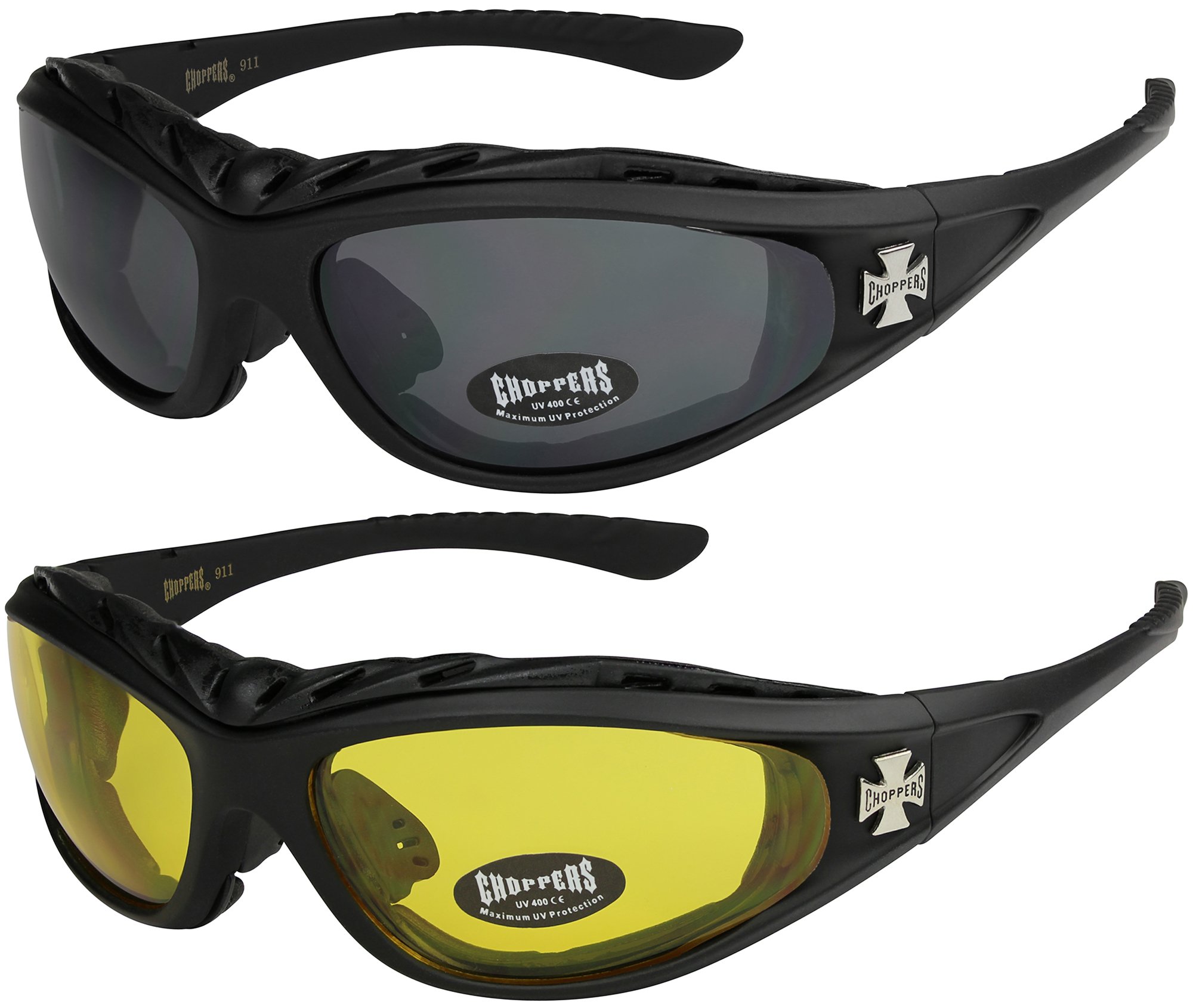 Choppers - Lot de 2 paires de lunettes de soleil avec rembourrage dans les coloris noir anthracite argent et blanc - Unisexe Femmes Hommes Moto Motocycle Motard Biker Sport Vélo Bicyclette Mode