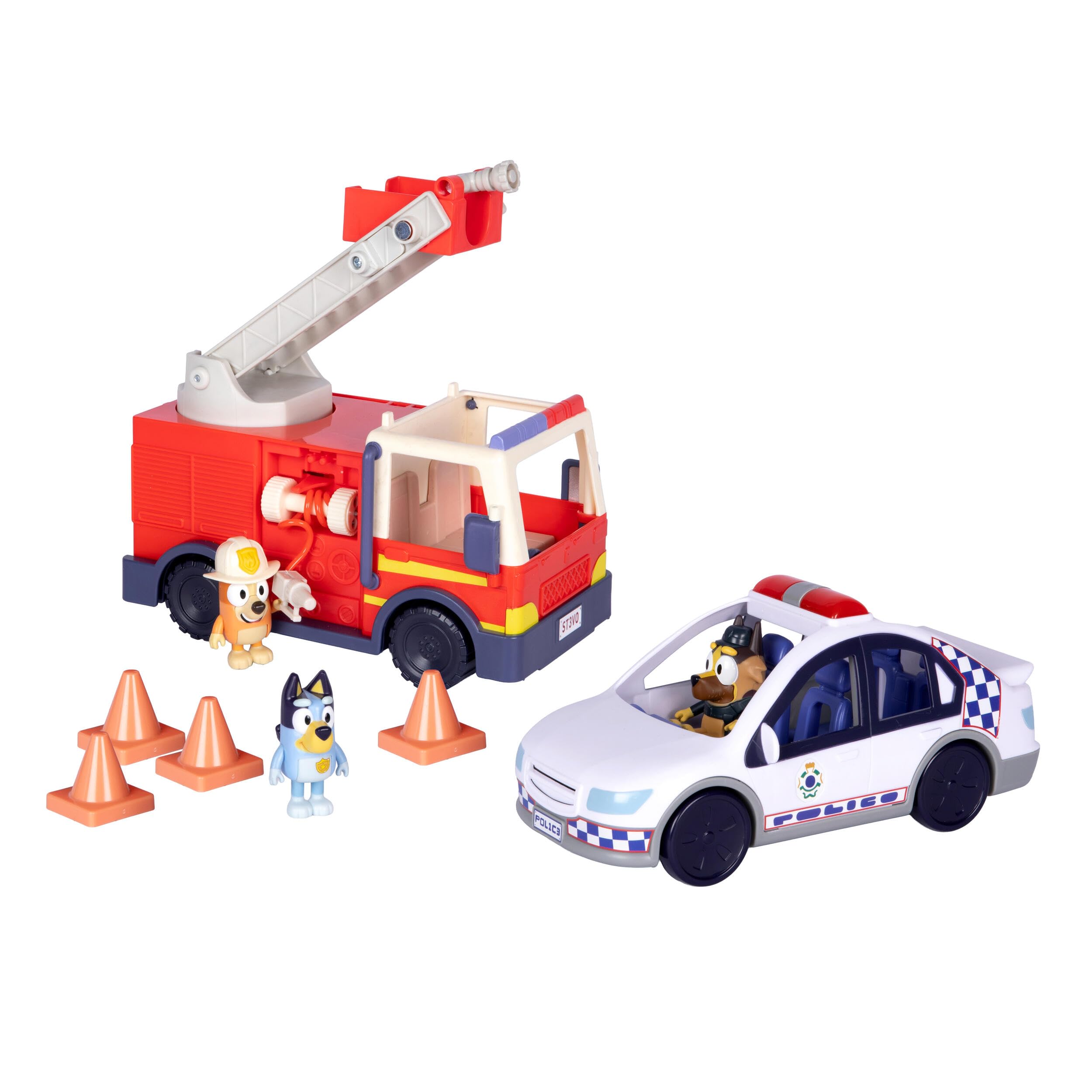 Bluey Rescue Set, Police Car & Firetruck with 3 Figures | Lights & sounds, retractable hose, 4 traffic cones & stickers; Bluey toy for kids, imaginative play