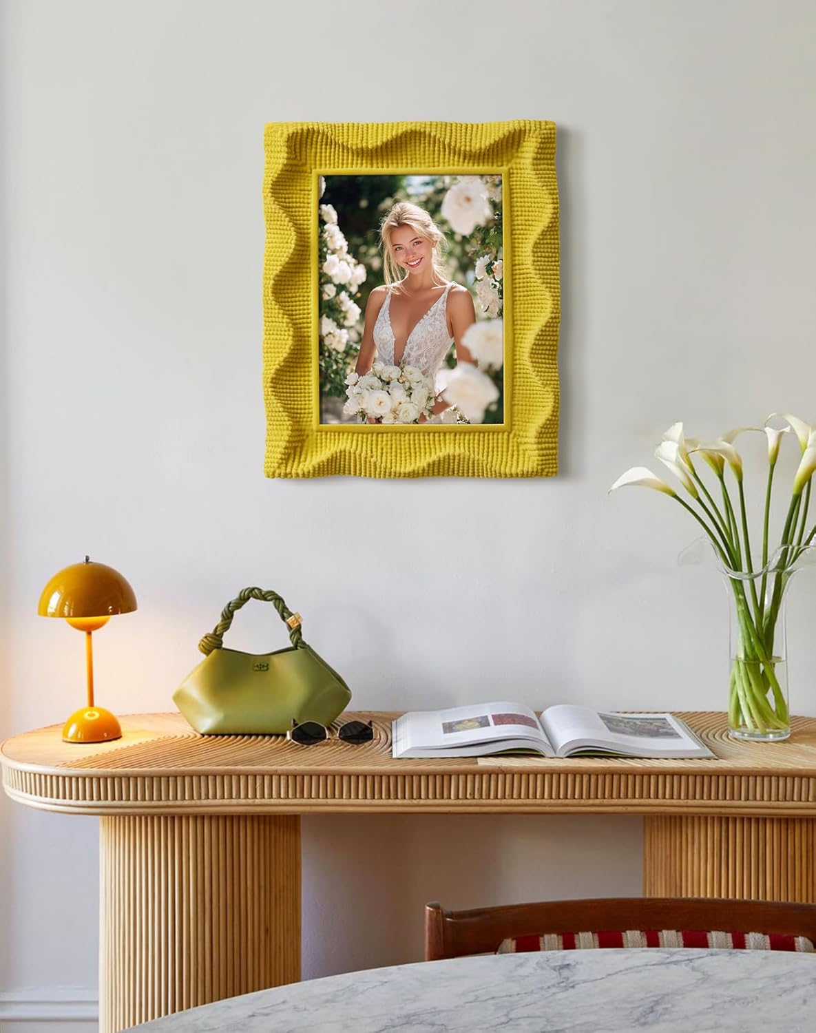 Picture Frames 5x7 for Family Boys Girls Photos, Funky Decorative Frame with Real Glass/Stand, Memorial Frame Gift for Wedding Baby Shower Retirement (Yellow)