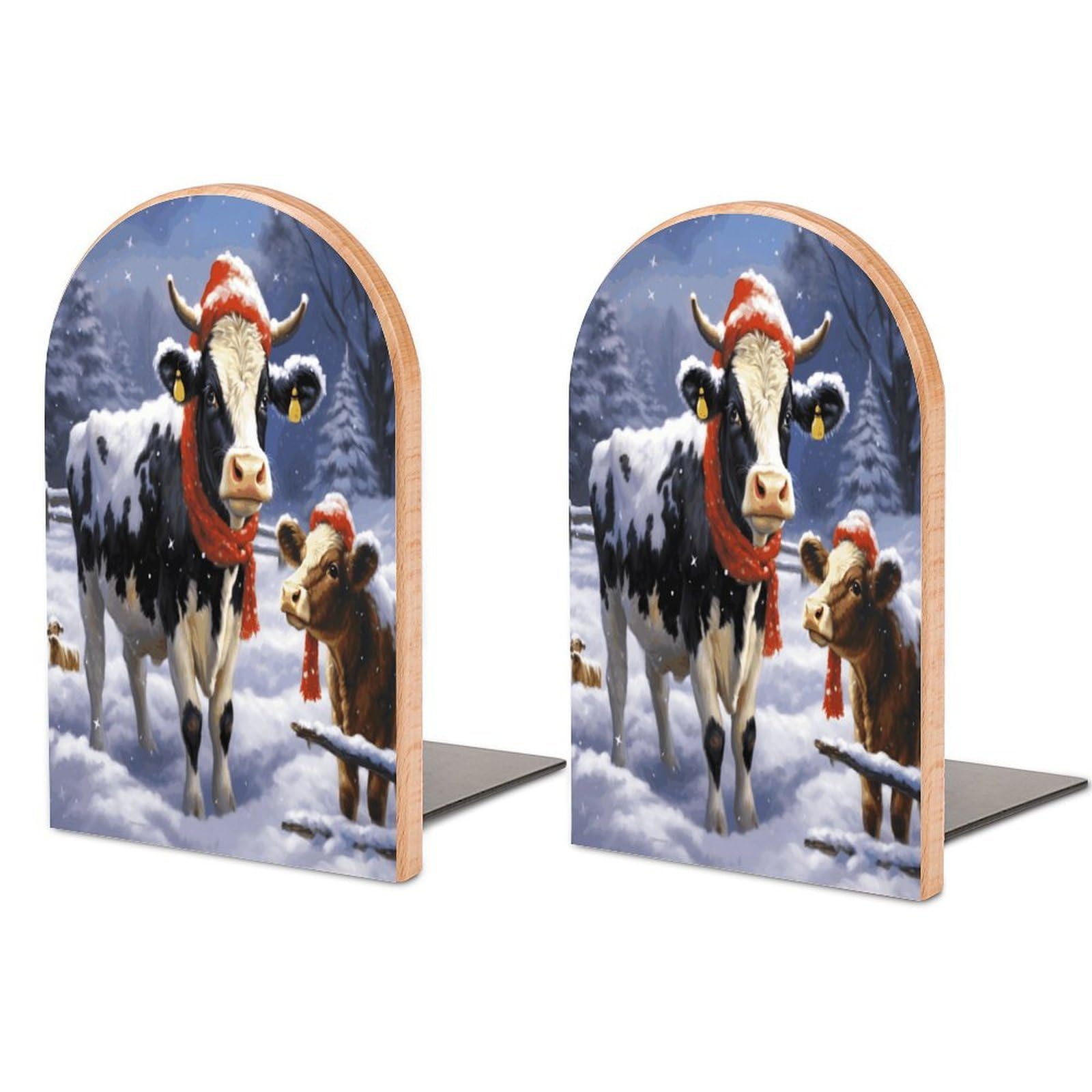 Christmas Snow Cow Bookends for Shelves Non Skid Book Stoppers Universal Economy Bookend Heavy Duty Wood Book End Decorative Book Shelf Holder for Home Office Desk 1 Pair