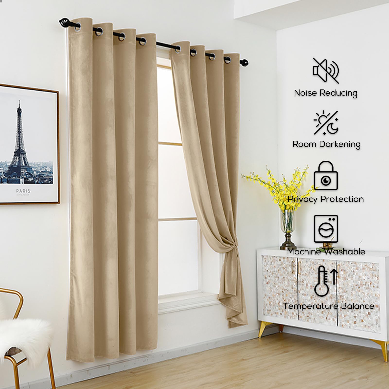 Rideau Occultant Fenetre Velours 240x160cm (HXL) Beige, Rideau Isolant Thermique Lot De 1 à Oeillets Rideau Anti Bruit Opaque, Decoration Chambre Maison Salon Intérieurs, VOR0002