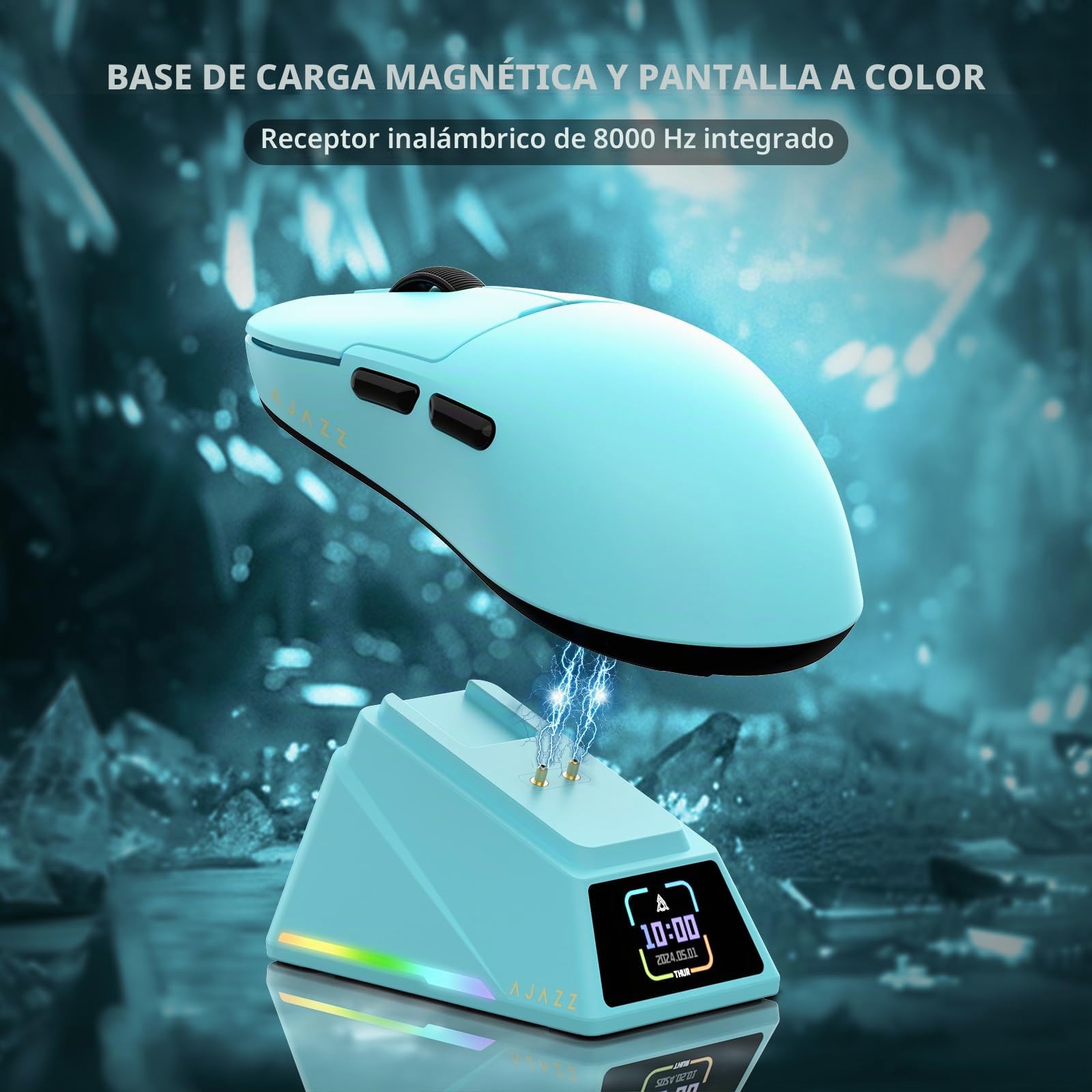 ATTACK SHARK Ajazz AJ159APEX PAW3950 Ratón Gaming, 42K dpi, 8K Hz Wireless Polling, Base de Carga Magnética RGB con Pantalla a Color, 56g Ultraligero Mouse, Cableado/2,4G/BT, PC/PS/Mac, Azul