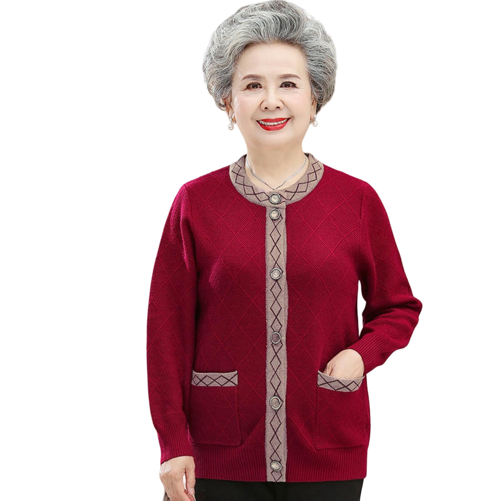 JYHBHMZG Elderly damski sweter na wiosnę jesień polar gruby dzianinowy ciepły kardigan