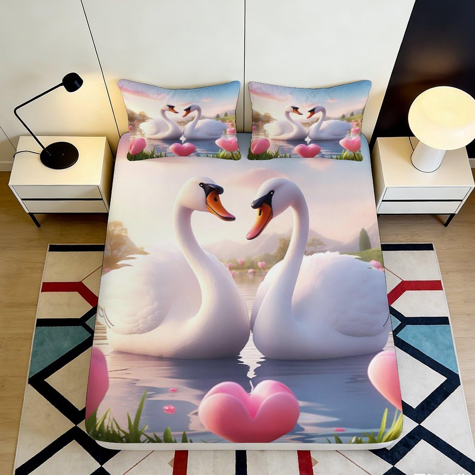 Jqzkxnhpbr Style-2 3D Printed Swan Lake Fitted Sheet Microfiber Soft Romantic Heart Bed Cover For Bedroom Guest Room Decor Mattress Protection 90X200x25cm