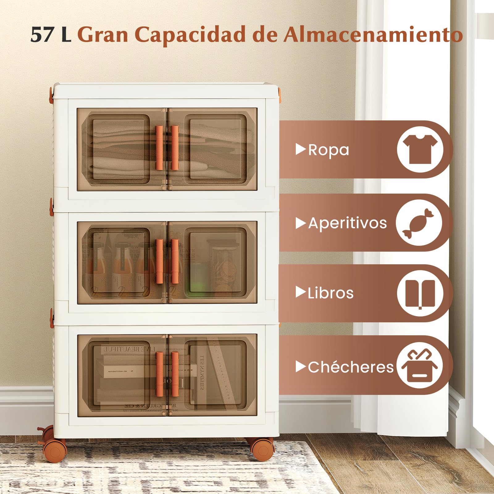 COSTWAY Caja de Almacenamiento Plegable 57 L, Paquete de 3 Contenedores de Almacenaje de Plástico con Puertas de Apertura Frontal, Cajas de Almacenaje Apilables con 4 Ruedas, para Dormitorio