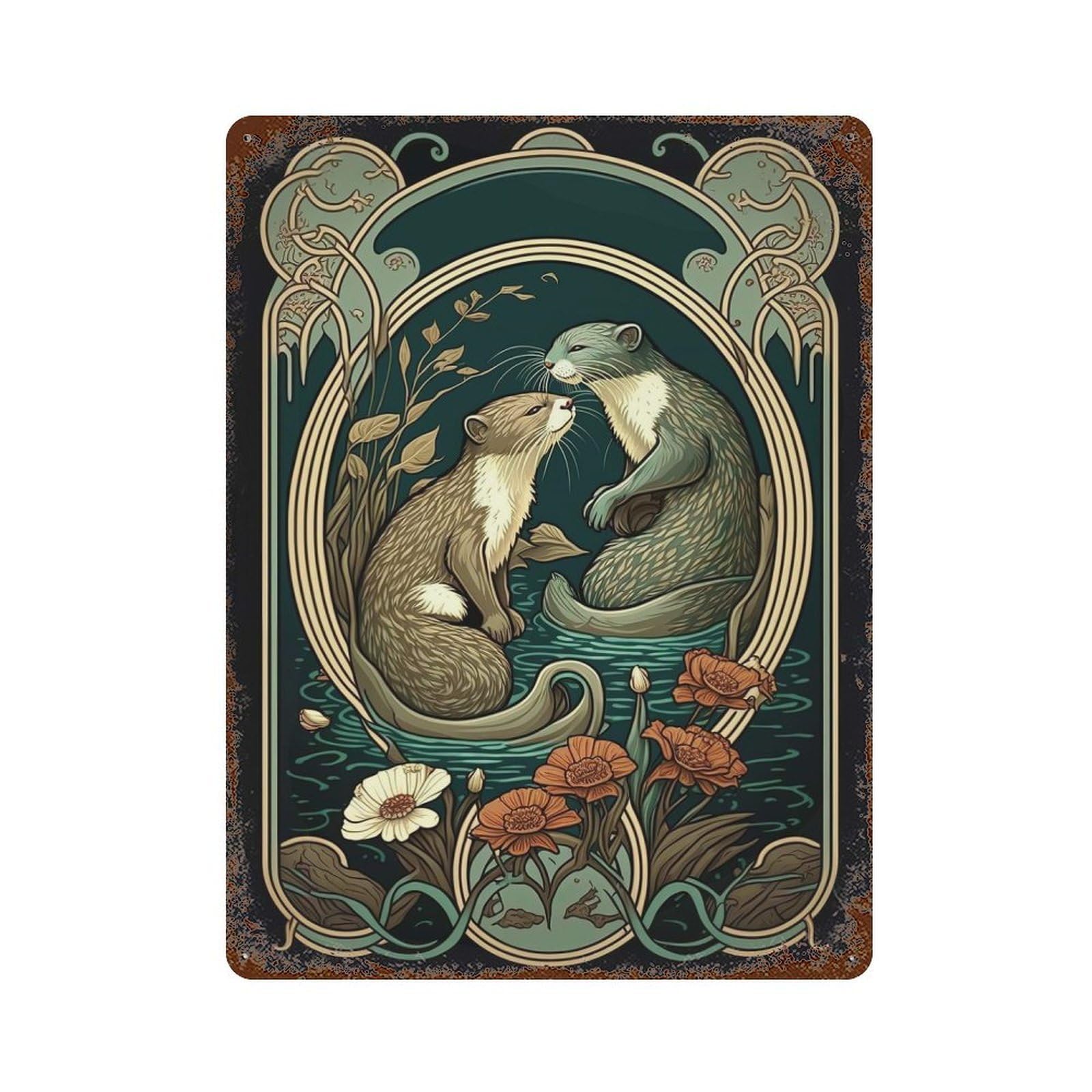 Distressed Metal Wall Sign with Otters British Wildlife Design 15.7"x11.8", for Office, Studio And Wall Decor, Industrial Home Decor