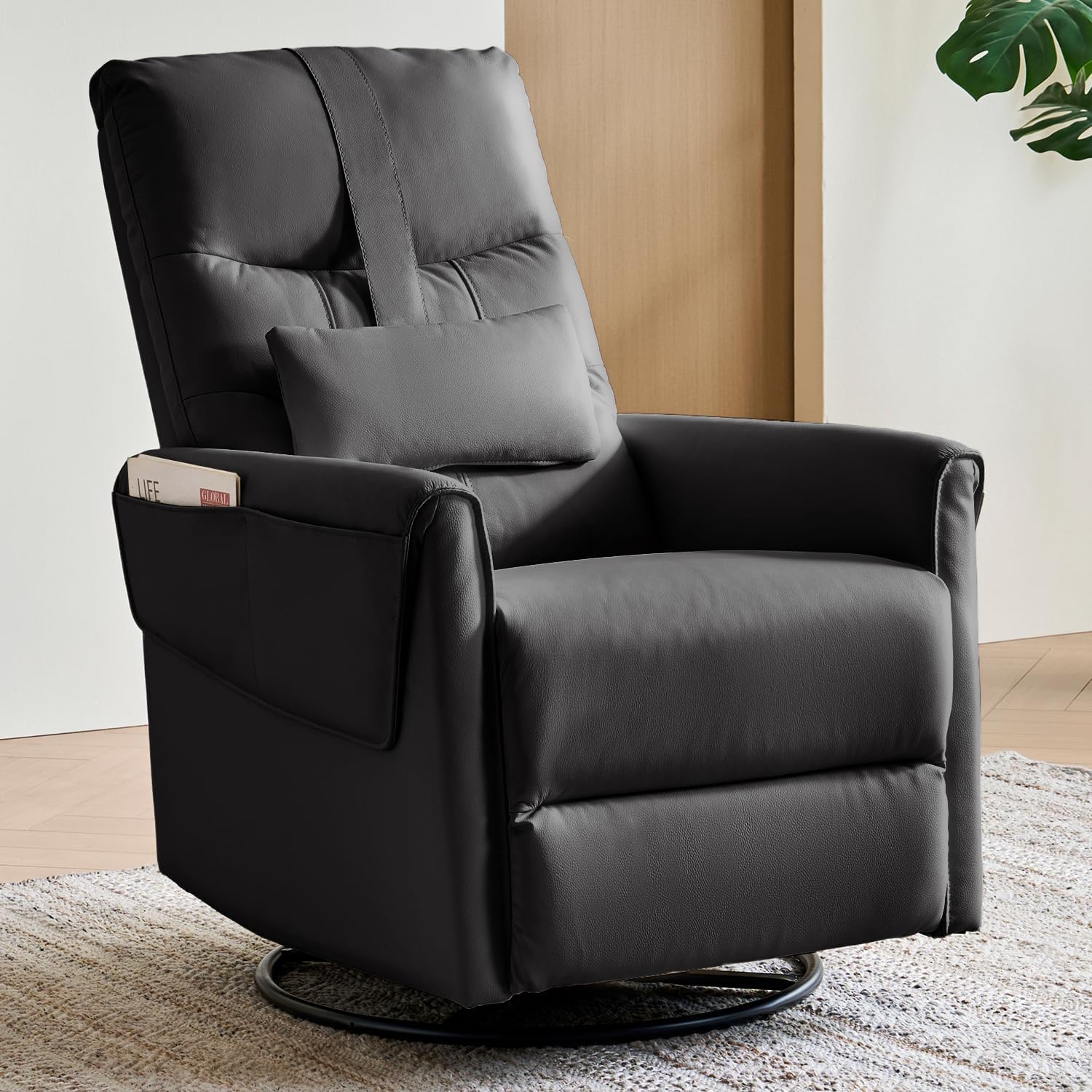 AIRSKY Leather Recliner Chair, Top Grain Leather, Italian Water-Washing Process, Glider Rocking Chair,Swivel Rocker Recliner, Movable Headrest,Nursery Rocking Chairs, Single Reclining Chair, Black,R3