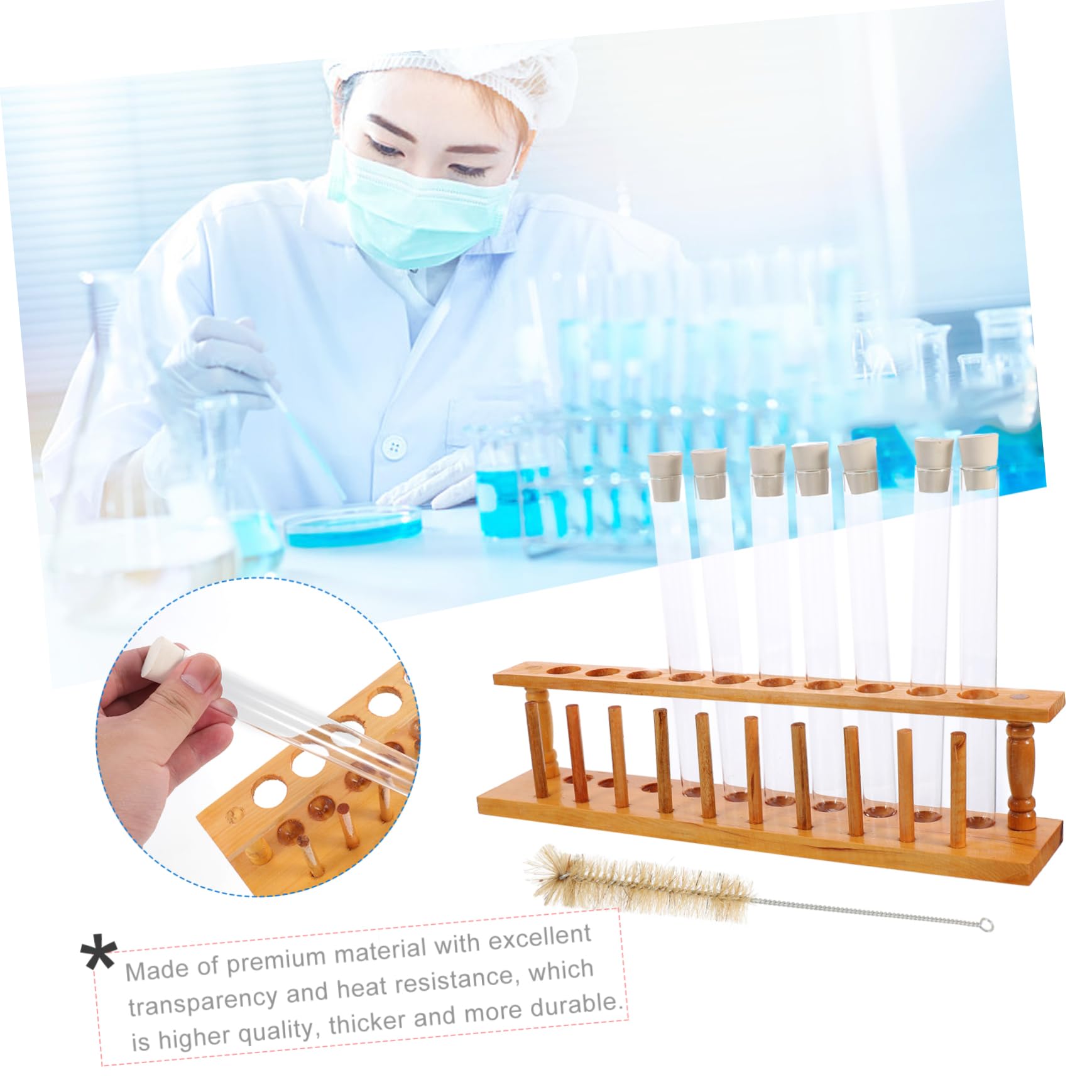 PRETYZOOM Set Di Provette Con Tappo 10 Pezzi in Vetro Con Portaprovette in Legno e Spazzola Per Pulizia, Kit Provette Per Esperimenti Scientifici in Laboratorio, Scuola e Università