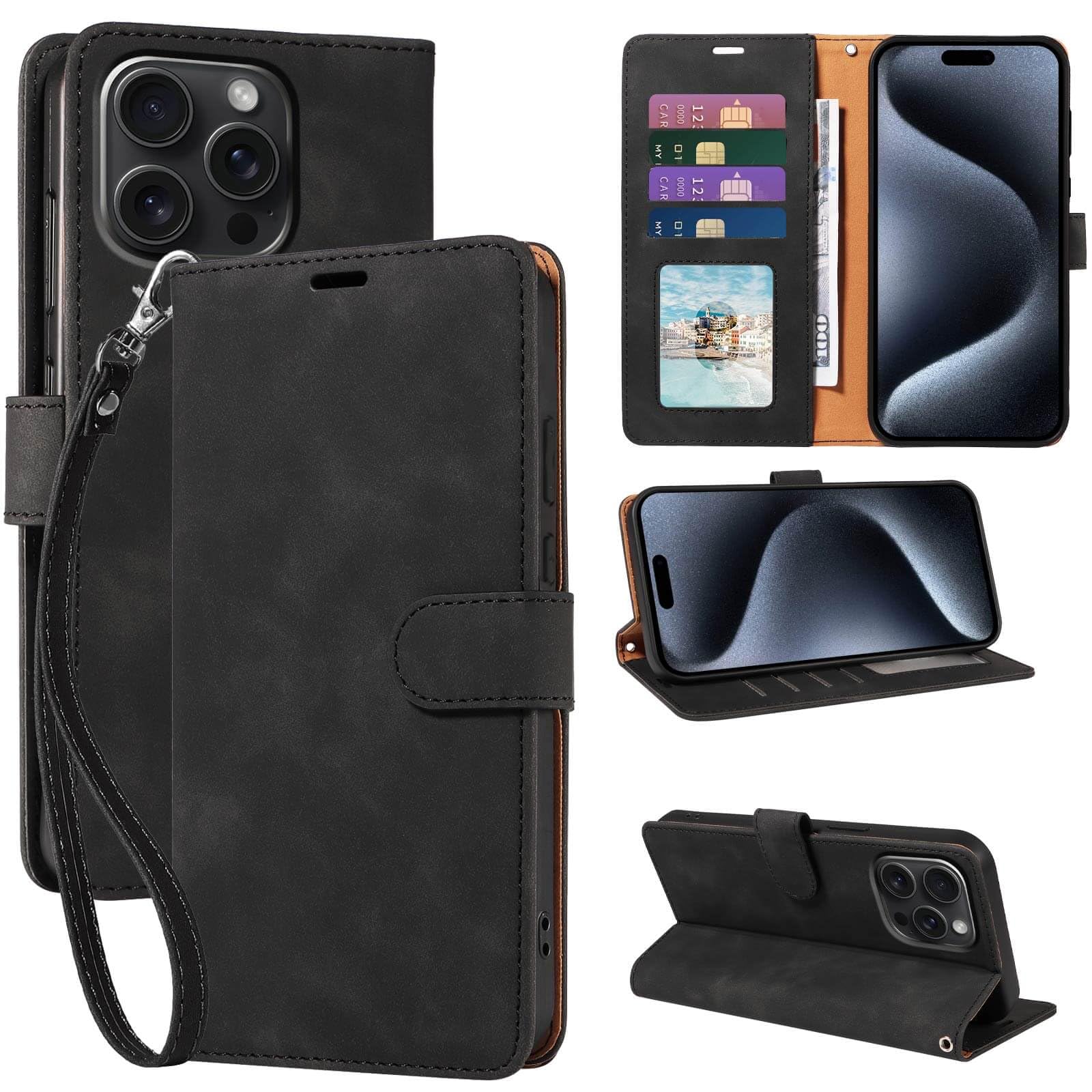 JHWVVTF Wallet Case for iPhone 15 Pro Max 6.7 inch, RFID Blocking 4 Card Slots Holder, Wrist Strap, Shockproof Protective Stand Soft Leather Folio Flip Phone Cover (Black)