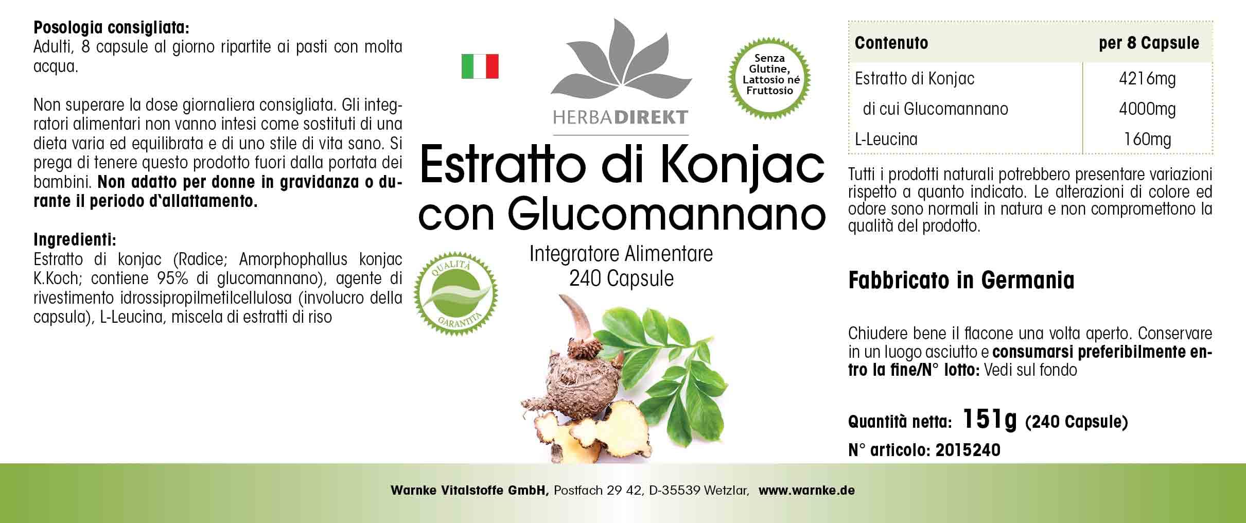 Konjac 527 mg - Extrait - 240 gélules - Végétarien - Avec 95% de glucomannane | Herba Direkt - Qualité des pharmacies allemandes